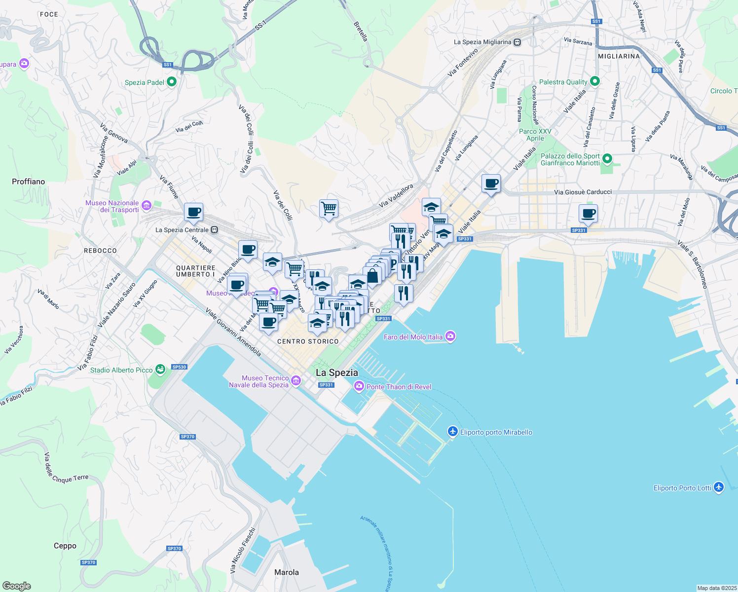 map of restaurants, bars, coffee shops, grocery stores, and more near 24 Via Tolone in La Spezia