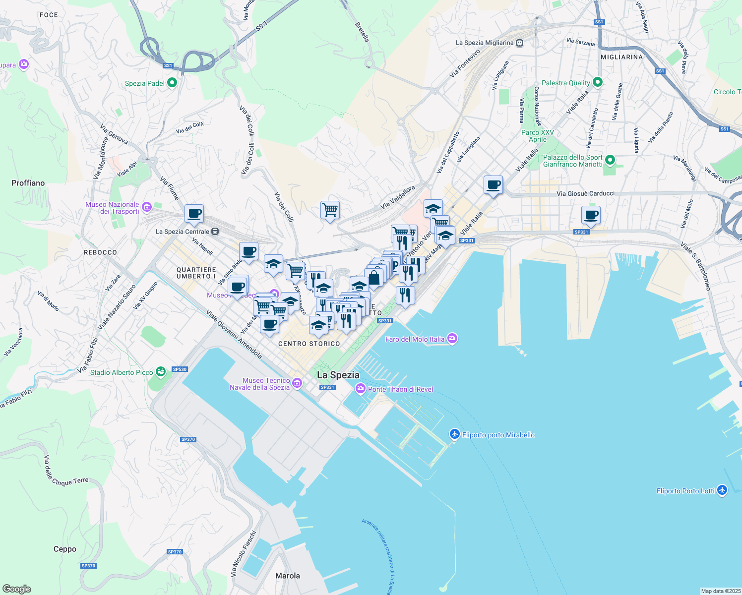 map of restaurants, bars, coffee shops, grocery stores, and more near 24 Via Tolone in La Spezia