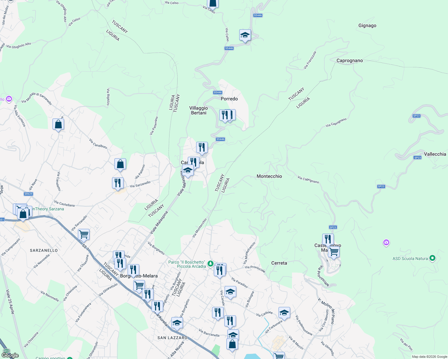 map of restaurants, bars, coffee shops, grocery stores, and more near 69 Via Montecchio in Castelnuovo Magra