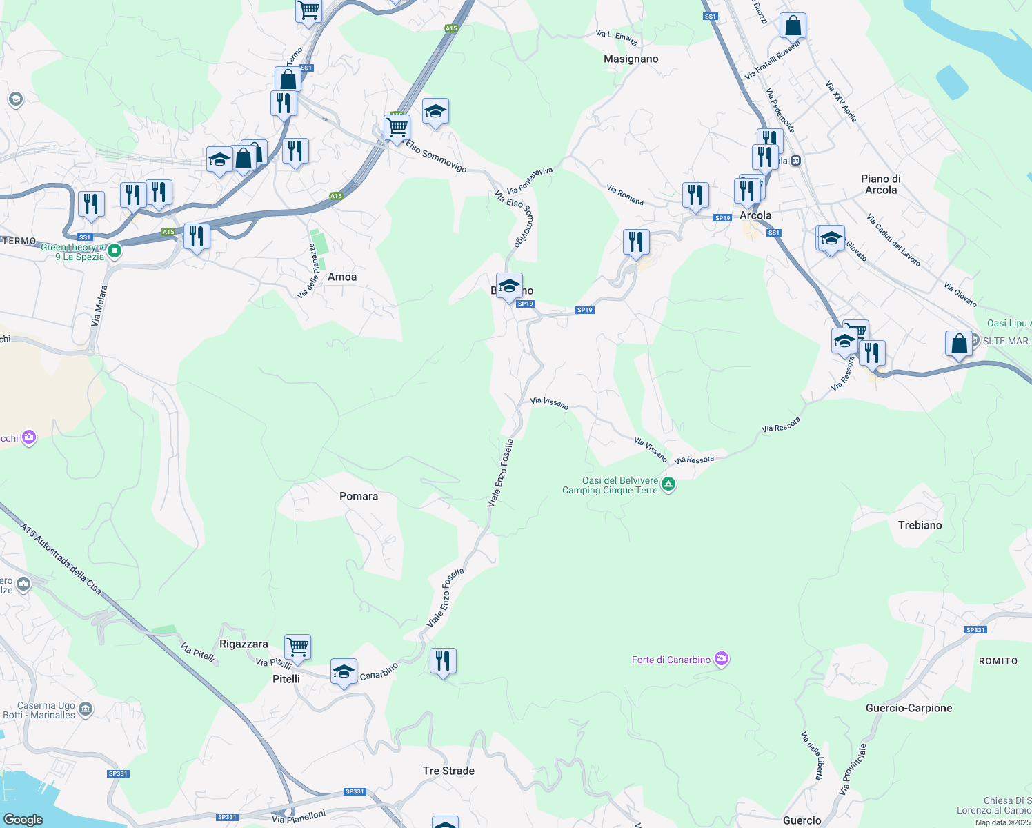 map of restaurants, bars, coffee shops, grocery stores, and more near 50 Via Pietralba in Arcola
