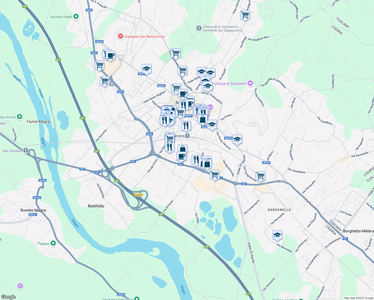 map of restaurants, bars, coffee shops, grocery stores, and more near 33 Via della Crociata in Sarzana