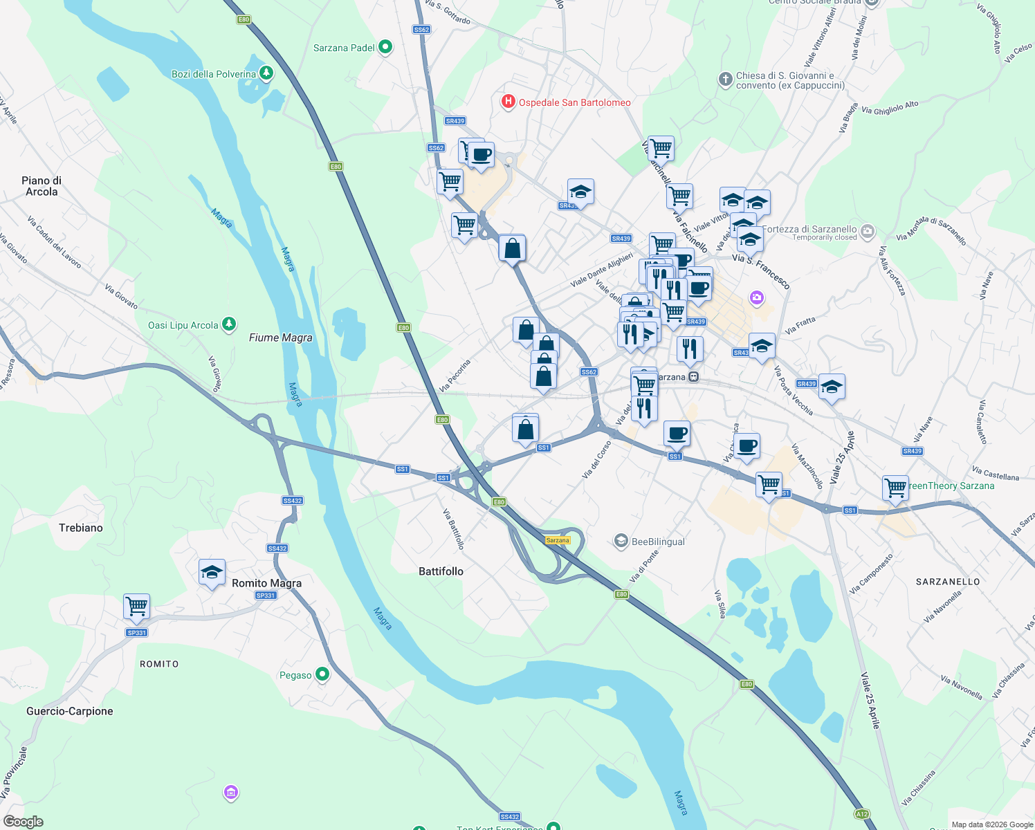 map of restaurants, bars, coffee shops, grocery stores, and more near 145 Via Brigata Partigiana Ugo Muccini in Sarzana