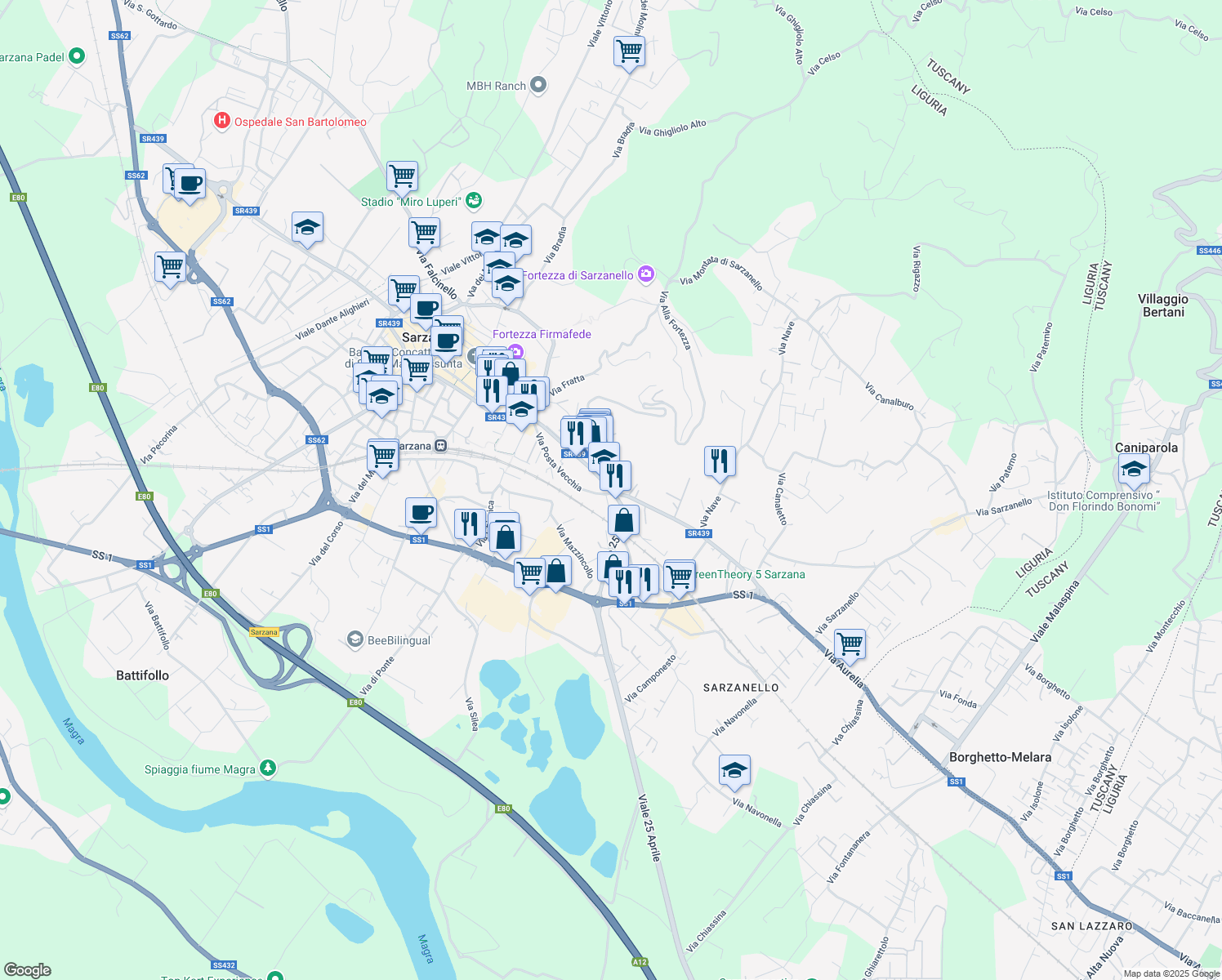 map of restaurants, bars, coffee shops, grocery stores, and more near 131 Via Giuseppe Mazzini in Sarzana