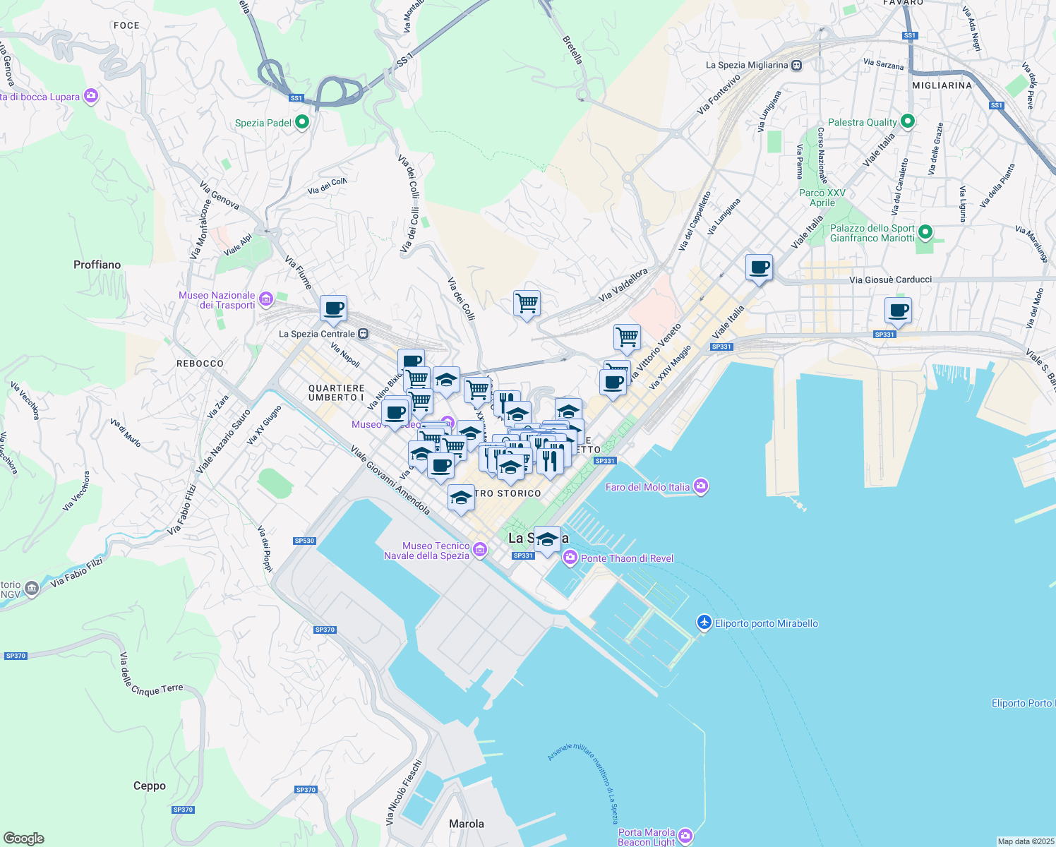 map of restaurants, bars, coffee shops, grocery stores, and more near 30 Via XXVII Marzo in La Spezia