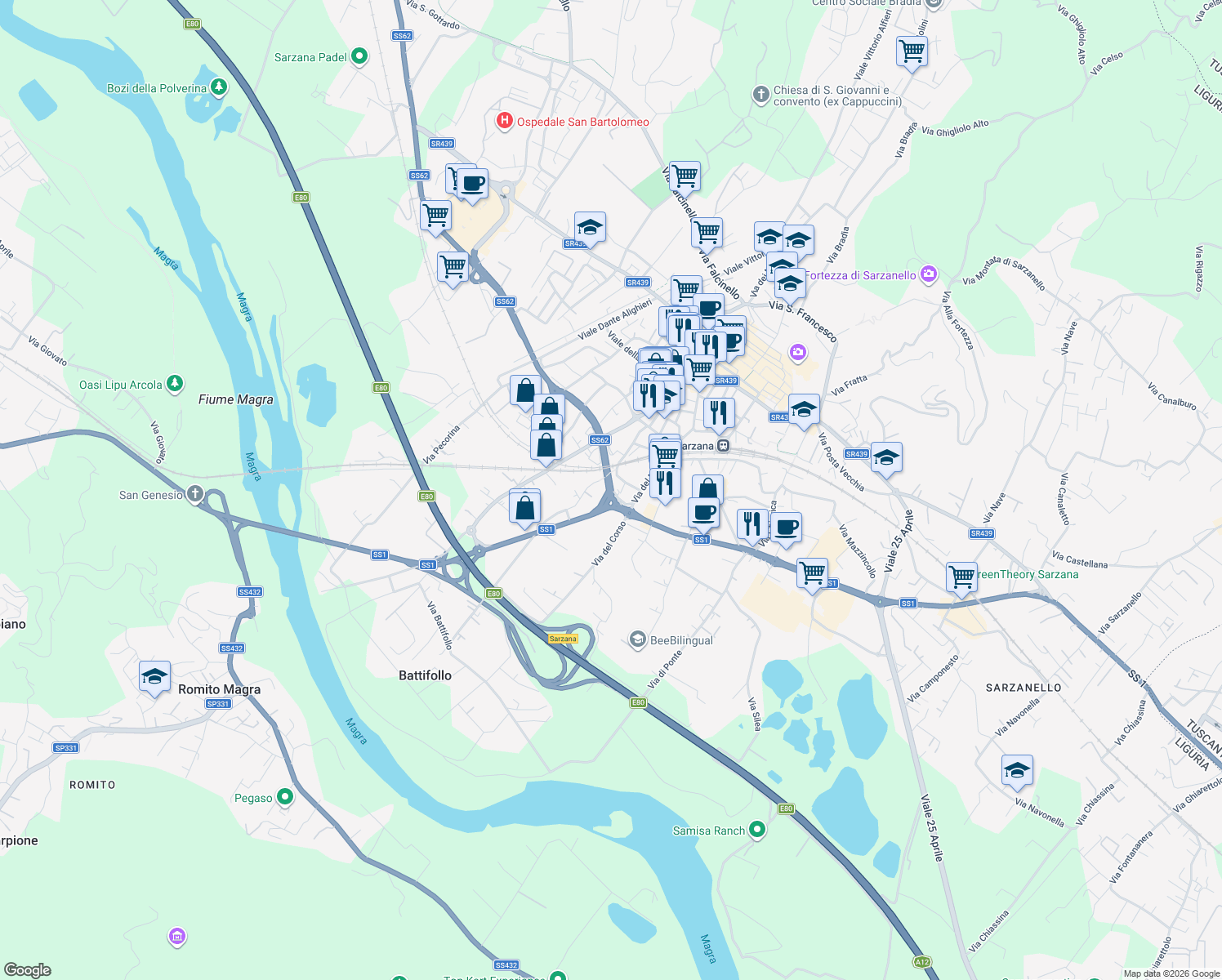 map of restaurants, bars, coffee shops, grocery stores, and more near 40 Via Variante Cisa in Sarzana