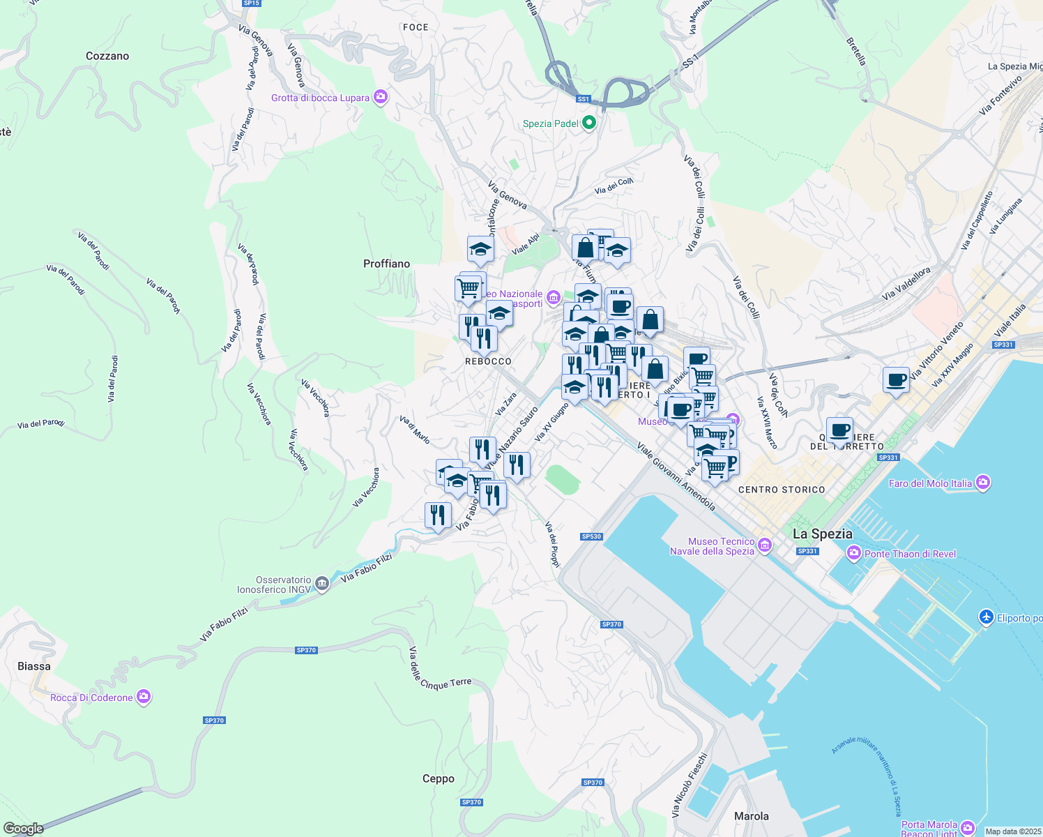 map of restaurants, bars, coffee shops, grocery stores, and more near 10 Viale Nazario Sauro in La Spezia