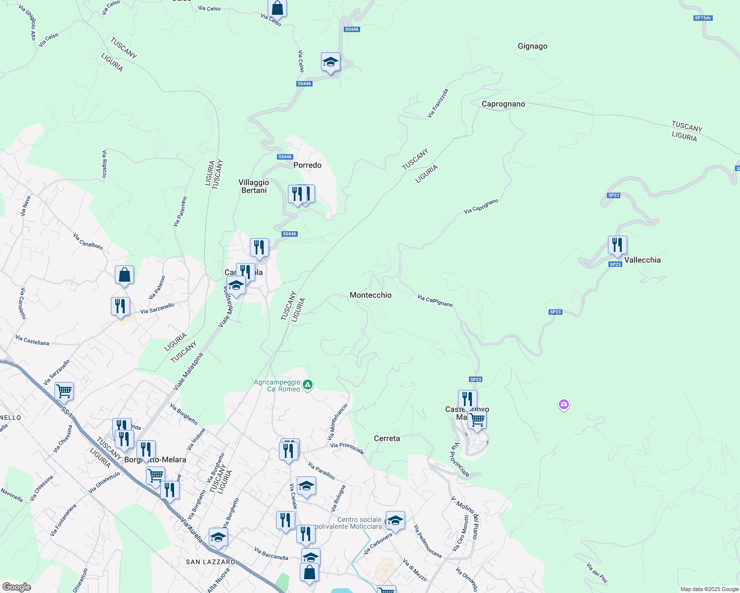 map of restaurants, bars, coffee shops, grocery stores, and more near 132 Via Montefrancio in Montecchio