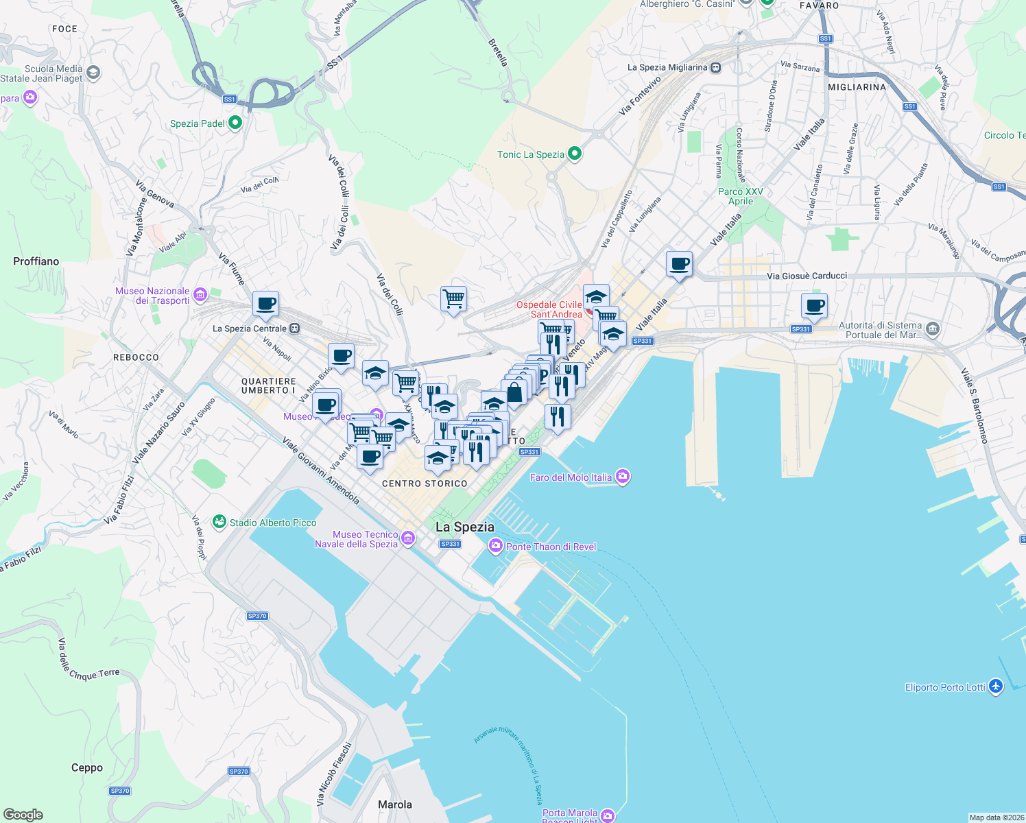map of restaurants, bars, coffee shops, grocery stores, and more near 24 Via Tolone in La Spezia
