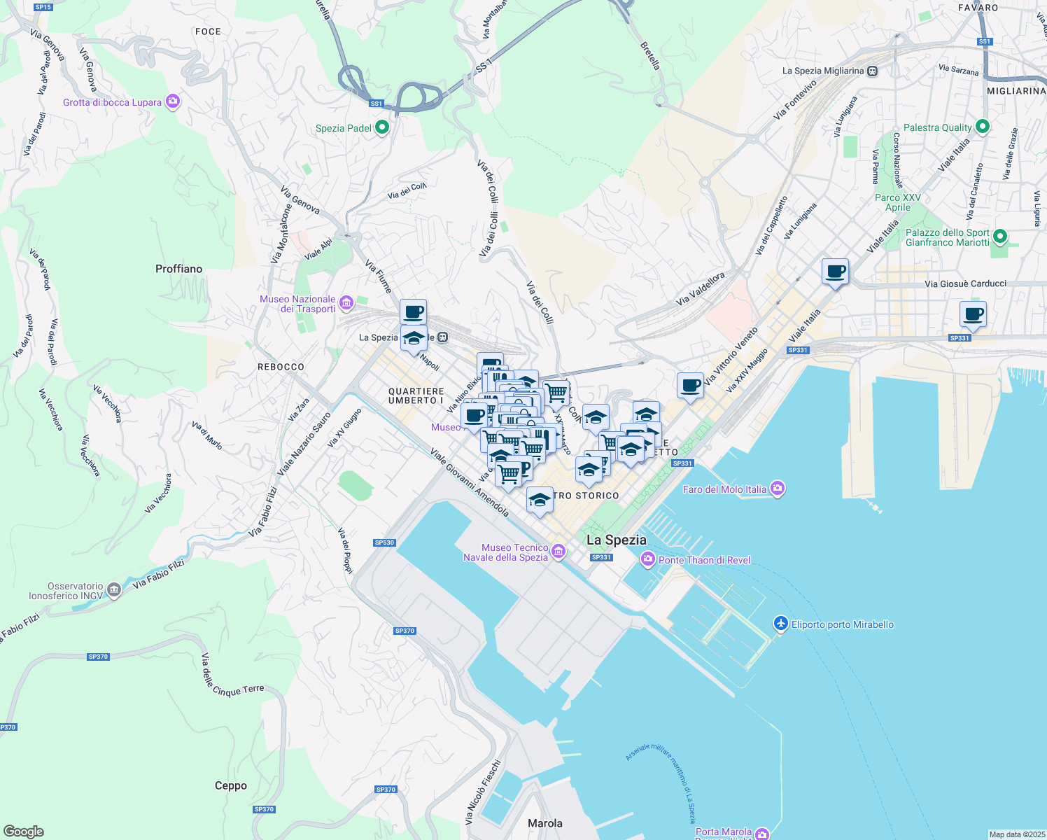 map of restaurants, bars, coffee shops, grocery stores, and more near Via Cernaia in La Spezia