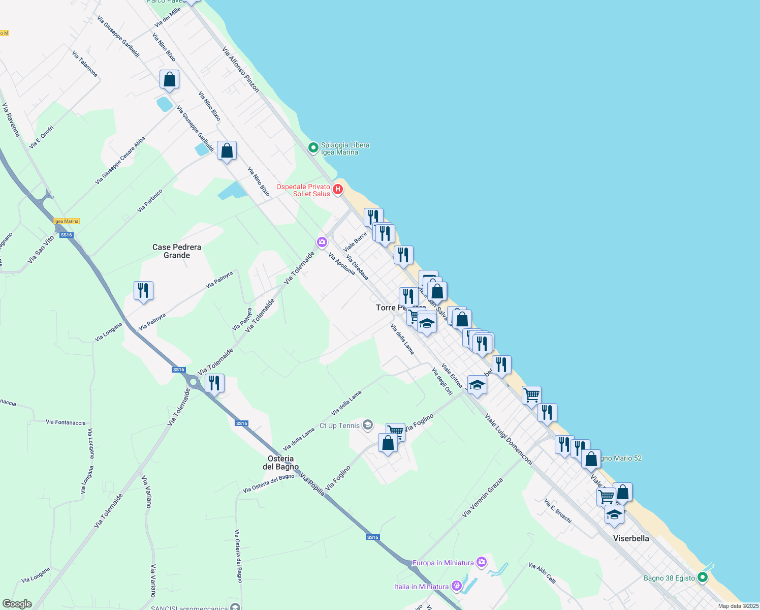 map of restaurants, bars, coffee shops, grocery stores, and more near 8 Via Apollonia in Torre Pedrera
