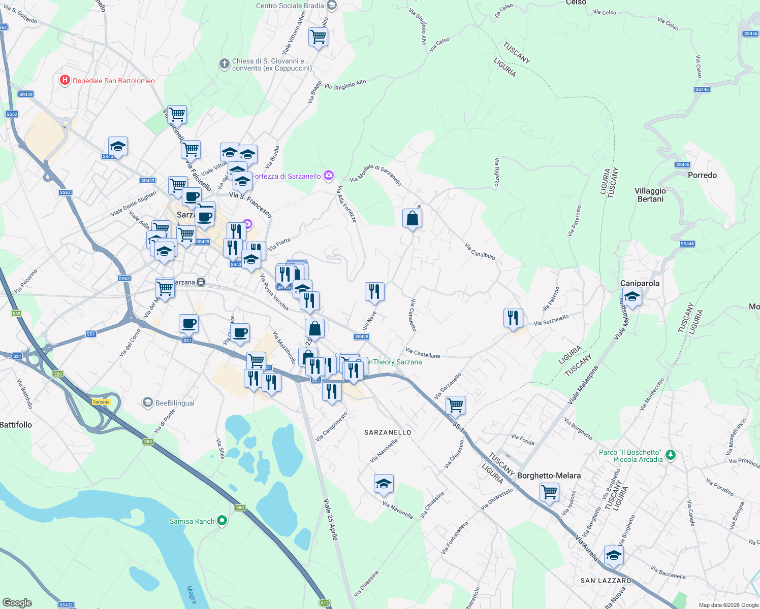 map of restaurants, bars, coffee shops, grocery stores, and more near 22 Via Nave in Sarzana