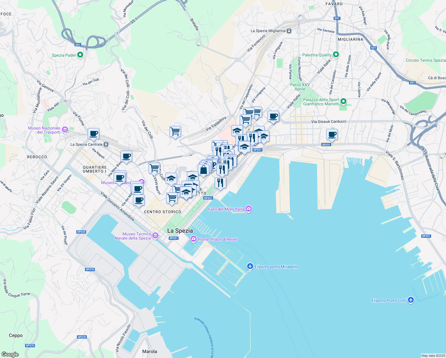 map of restaurants, bars, coffee shops, grocery stores, and more near 15 Viale Italia in La Spezia