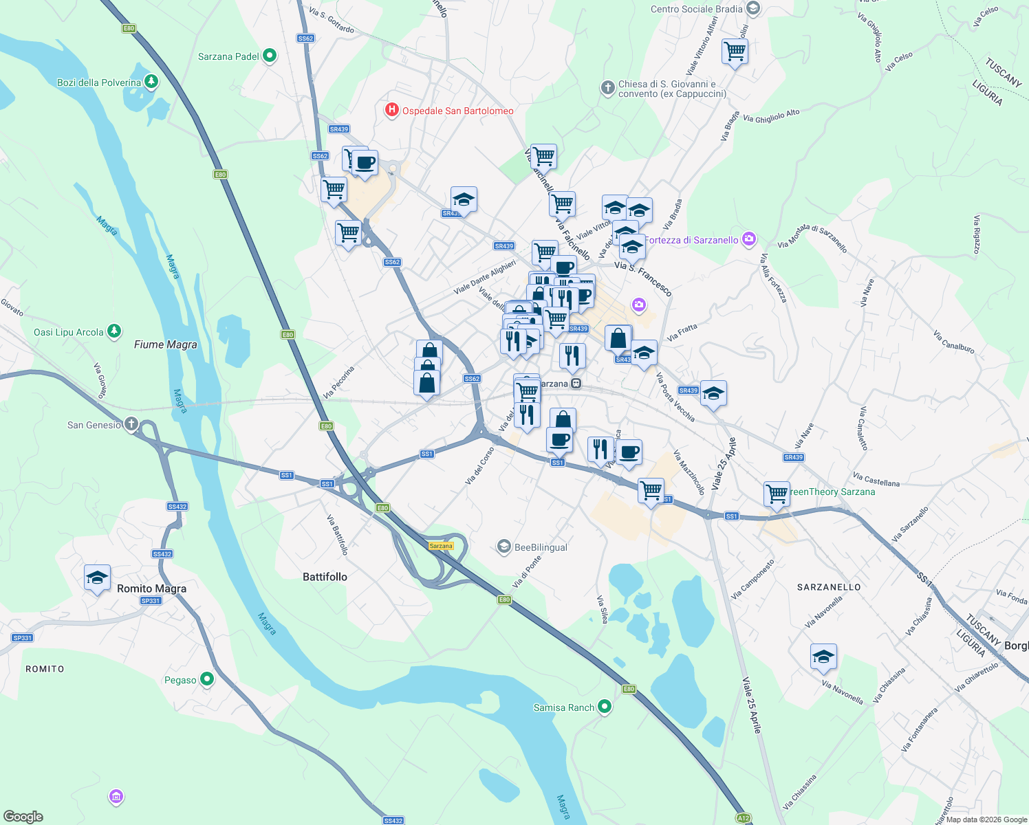 map of restaurants, bars, coffee shops, grocery stores, and more near 26 Via del Murello in Sarzana