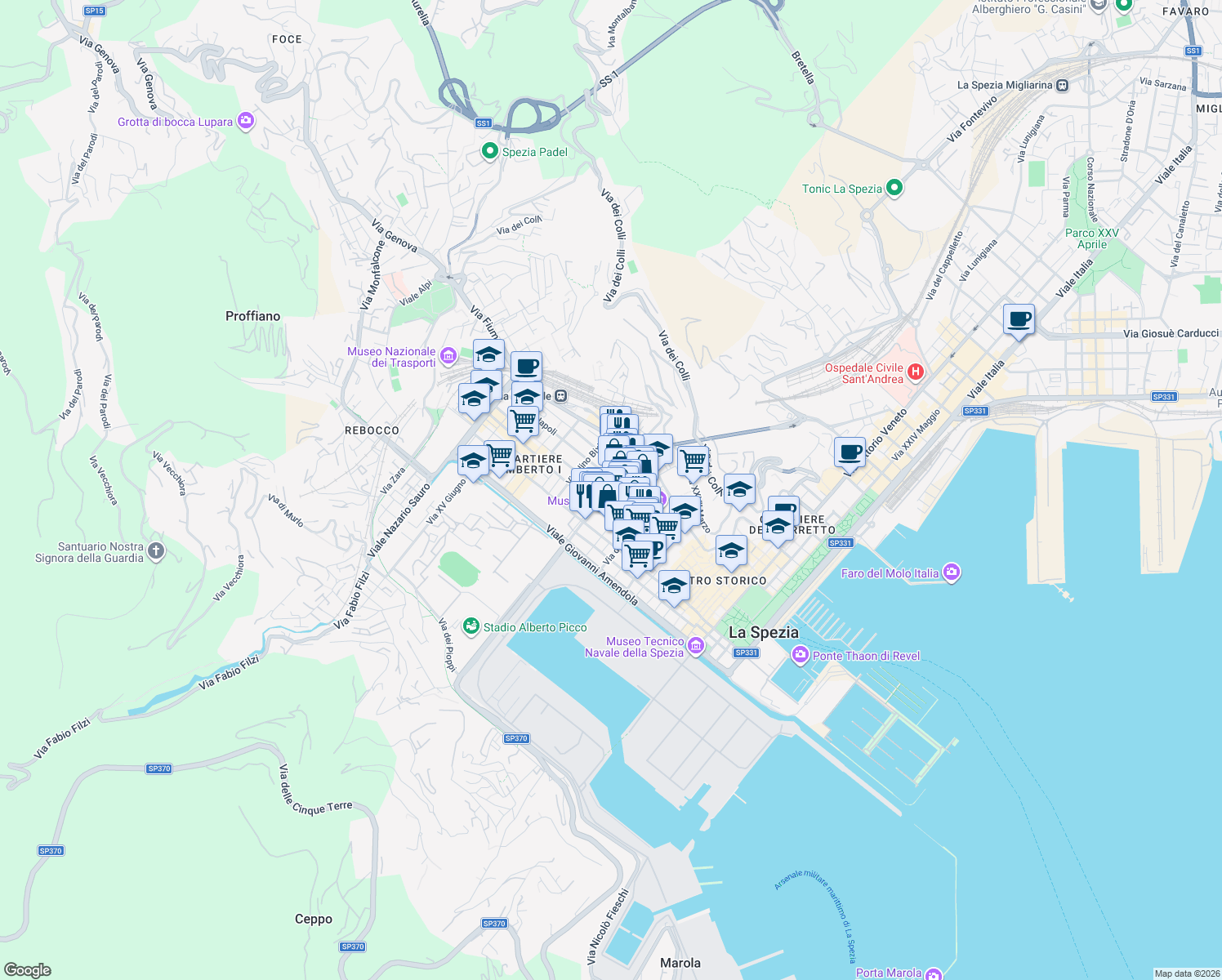 map of restaurants, bars, coffee shops, grocery stores, and more near 205 Corso Cavour in La Spezia