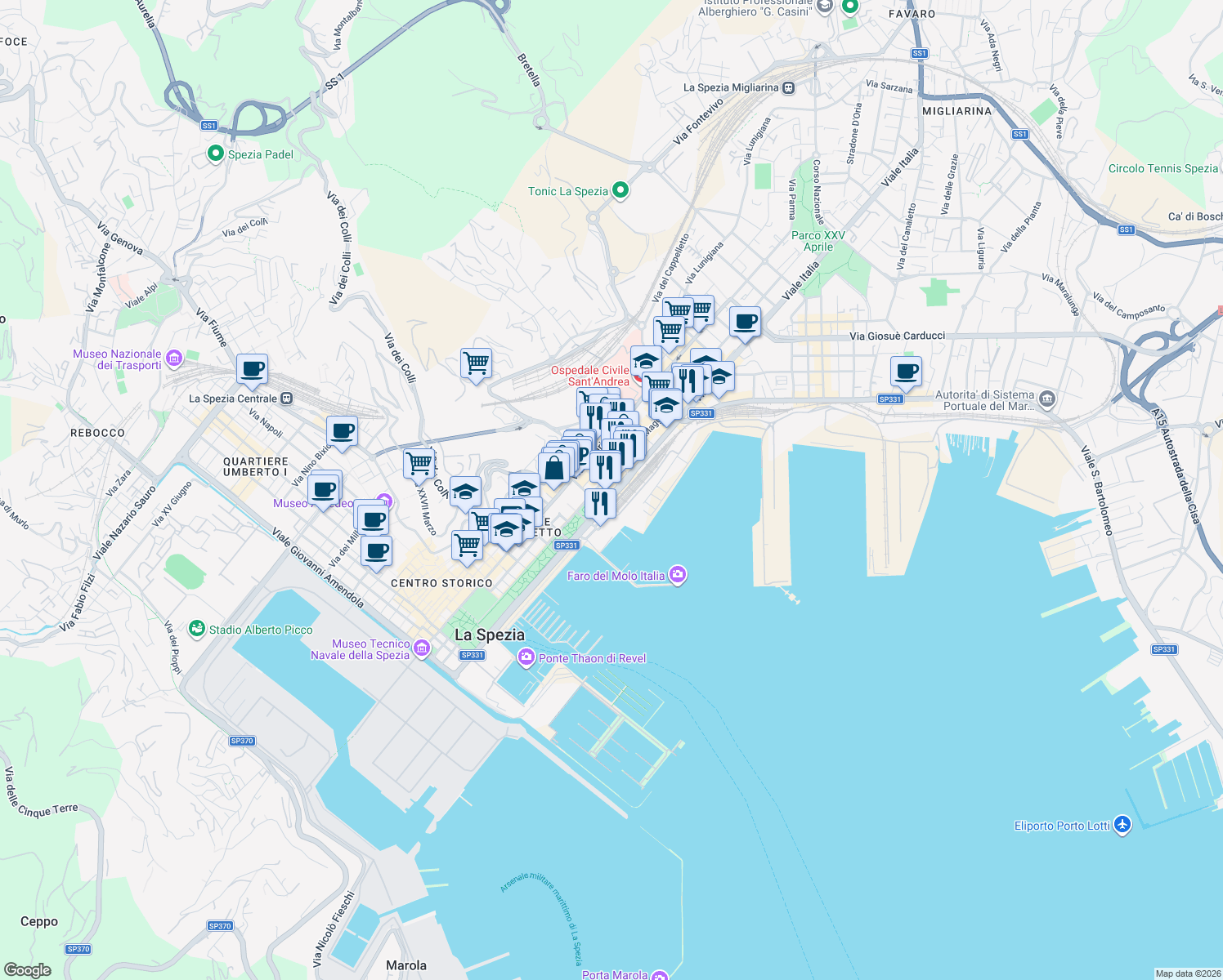 map of restaurants, bars, coffee shops, grocery stores, and more near 49 Viale Italia in La Spezia