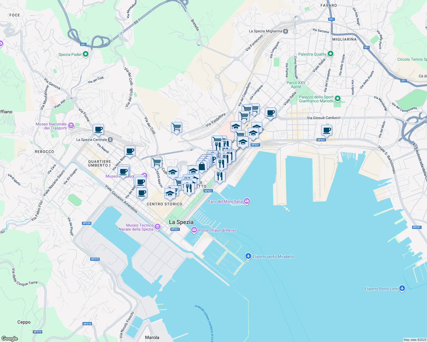 map of restaurants, bars, coffee shops, grocery stores, and more near 15 Viale Italia in La Spezia