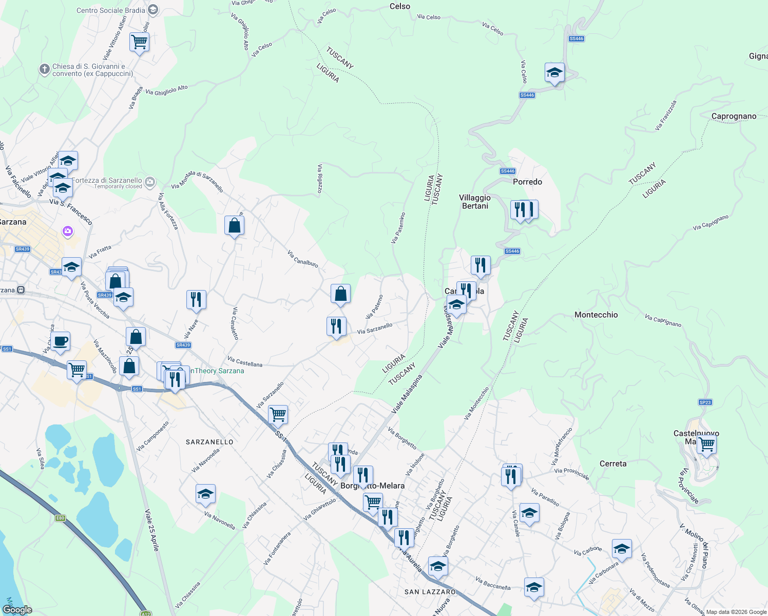 map of restaurants, bars, coffee shops, grocery stores, and more near 101 Via Sarzanello in Sarzana