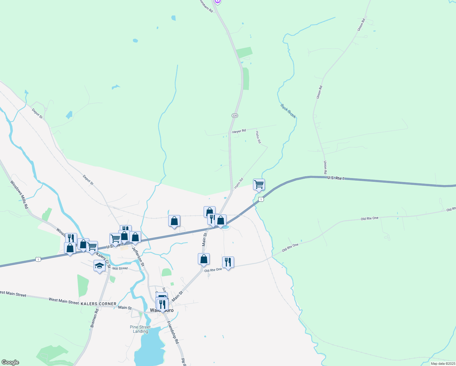 map of restaurants, bars, coffee shops, grocery stores, and more near 186 Washington Road in Waldoboro