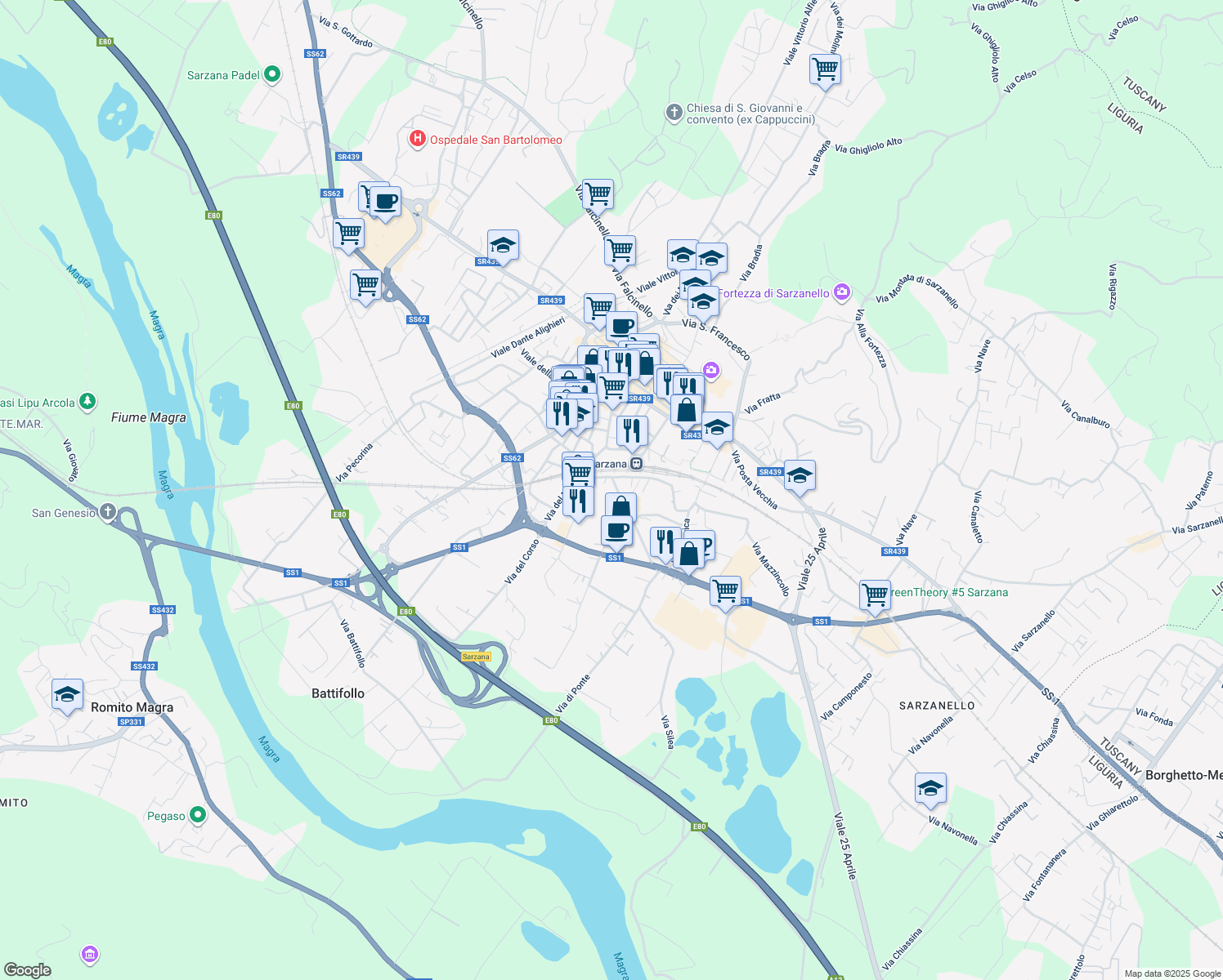 map of restaurants, bars, coffee shops, grocery stores, and more near 22 Via del Murello in Sarzana