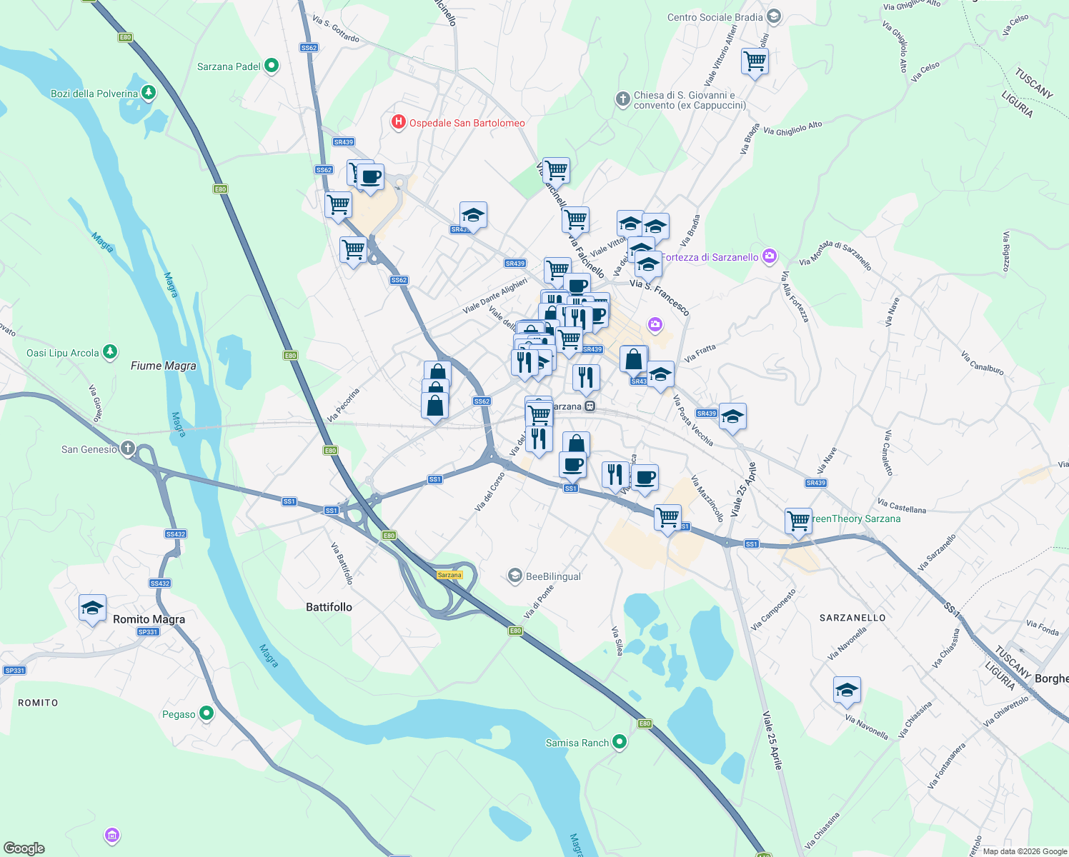 map of restaurants, bars, coffee shops, grocery stores, and more near 26 Via del Murello in Sarzana