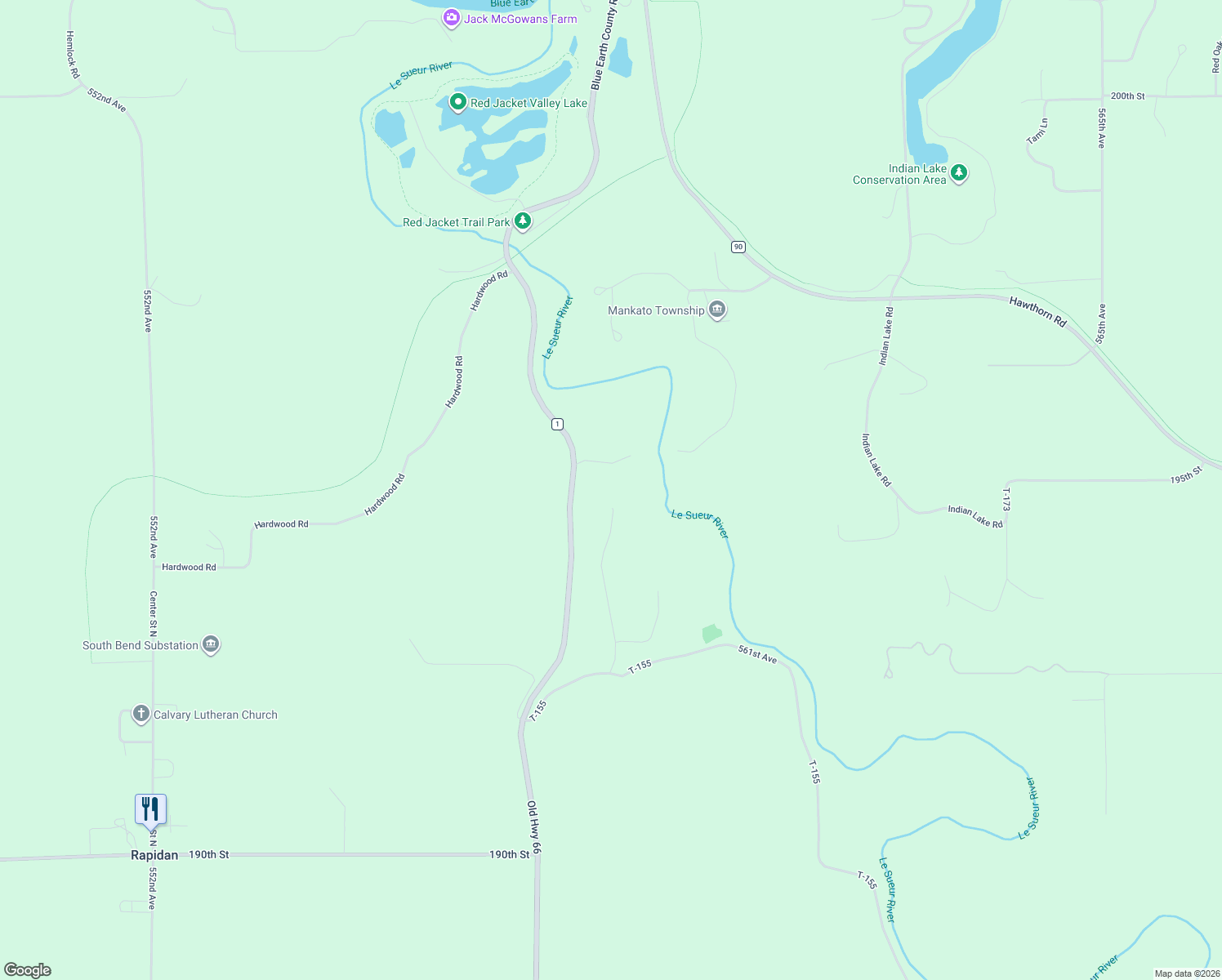 map of restaurants, bars, coffee shops, grocery stores, and more near 273 Red Ridge Road in Good Thunder