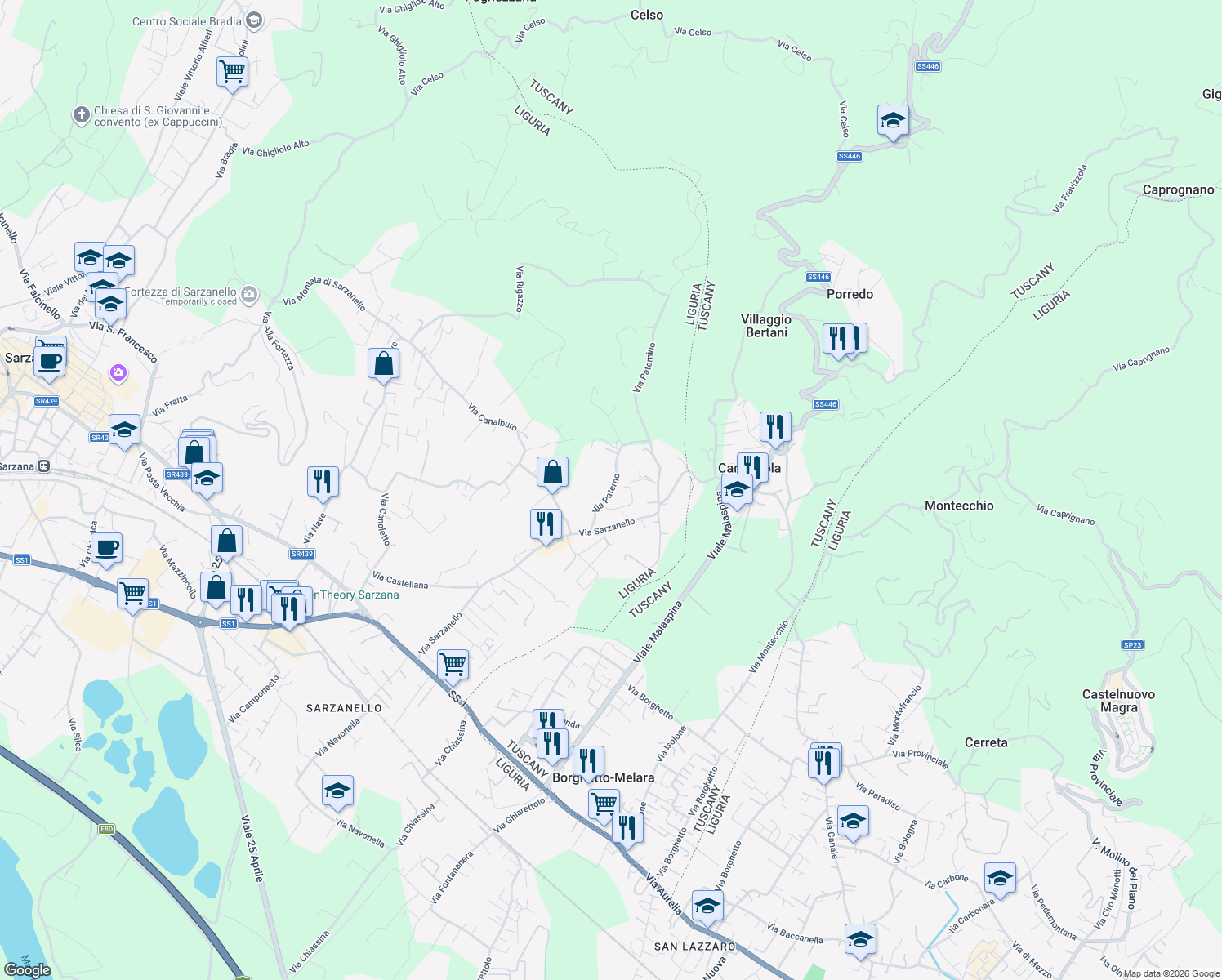 map of restaurants, bars, coffee shops, grocery stores, and more near 16 Via Paterno in Sarzana