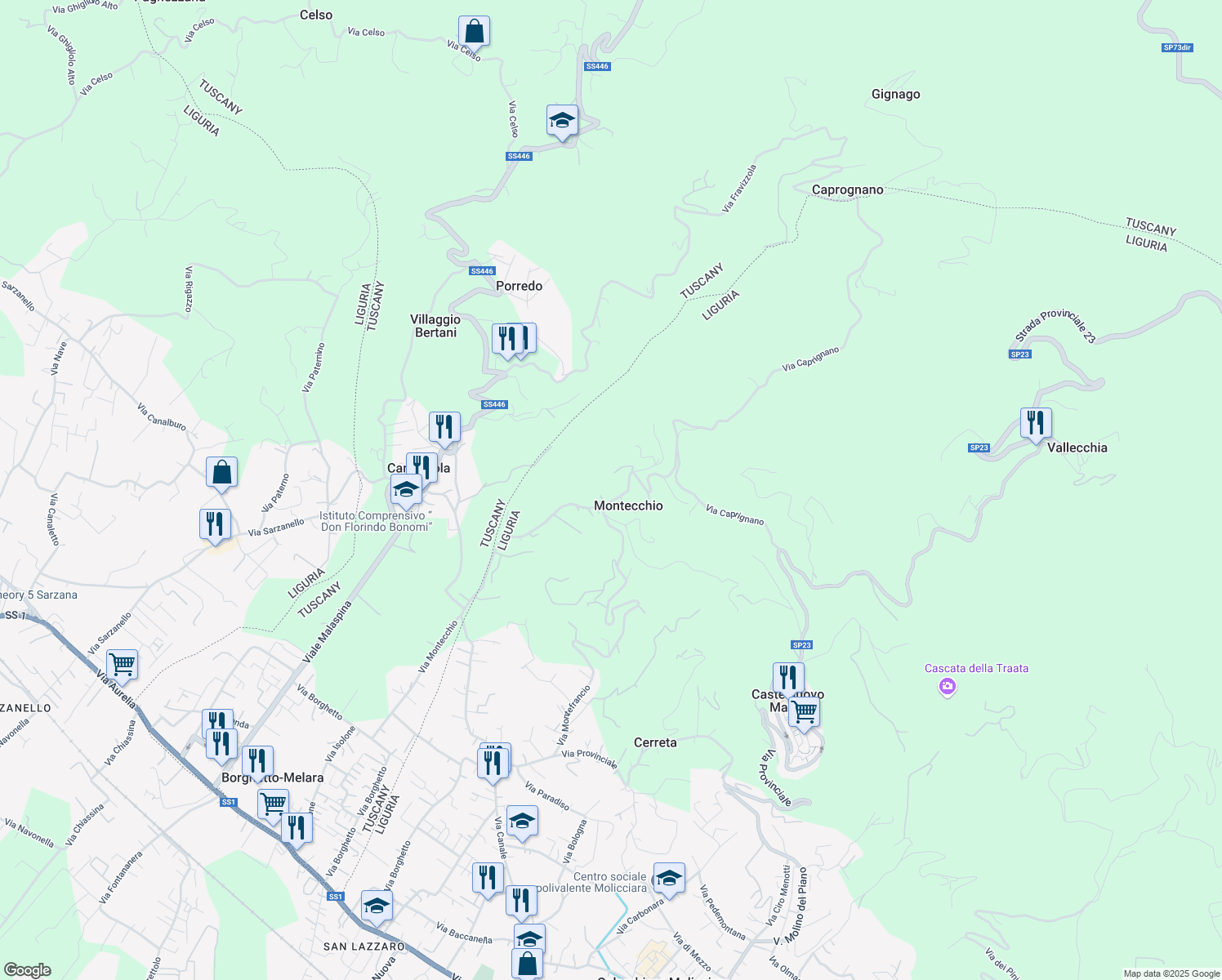 map of restaurants, bars, coffee shops, grocery stores, and more near 132 Via Montefrancio in Montecchio