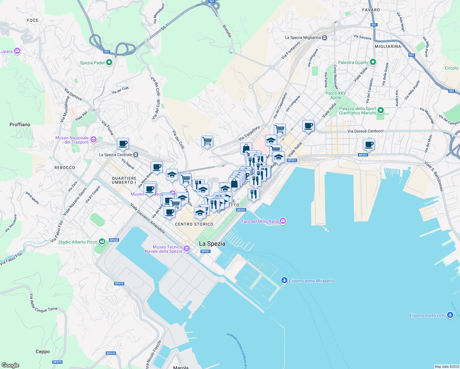 map of restaurants, bars, coffee shops, grocery stores, and more near 47 Via dei Colli in La Spezia