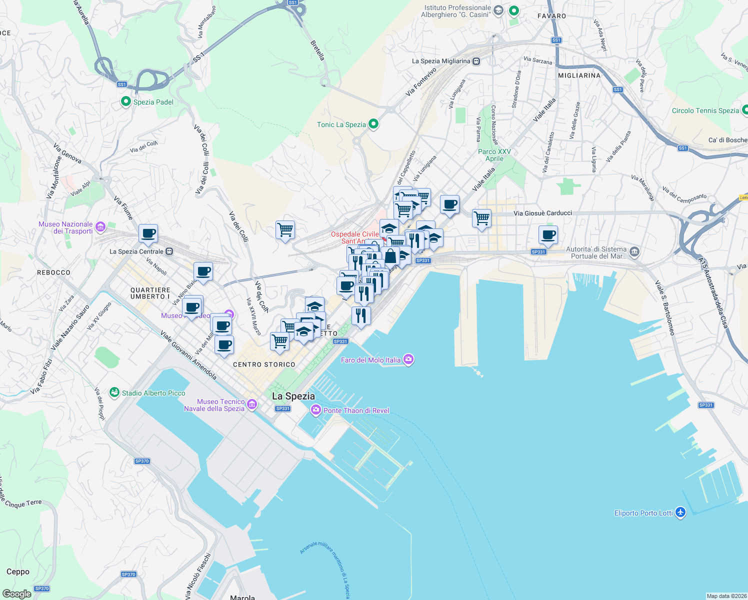 map of restaurants, bars, coffee shops, grocery stores, and more near 49 Viale Italia in La Spezia