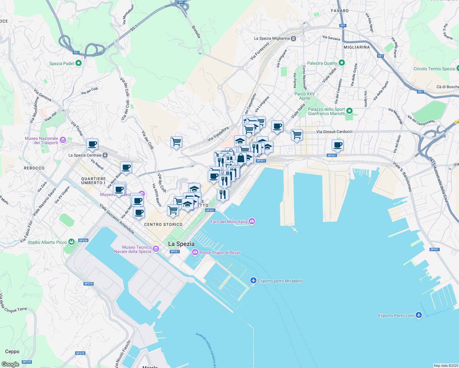 map of restaurants, bars, coffee shops, grocery stores, and more near 35 Via XXIV Maggio in La Spezia