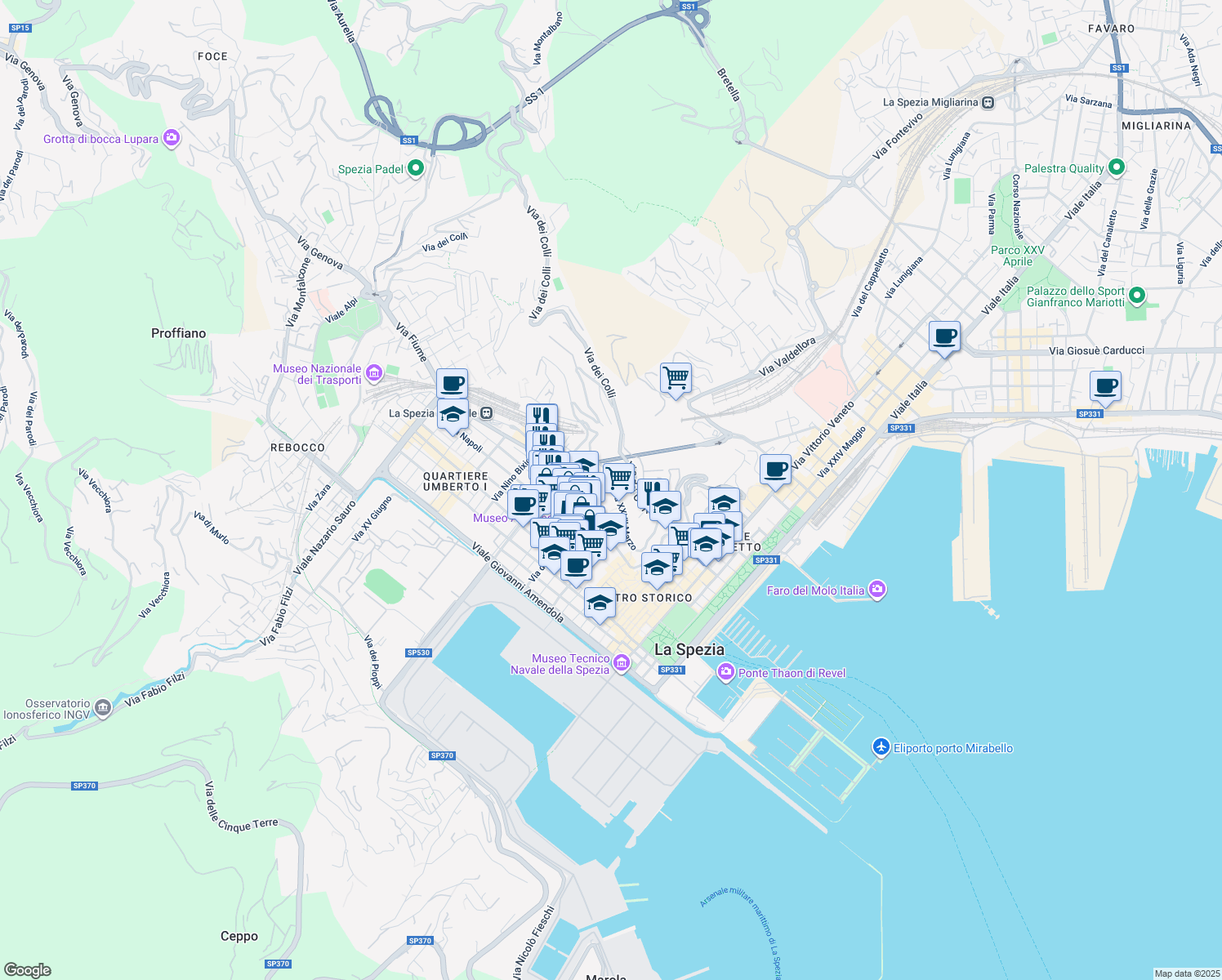 map of restaurants, bars, coffee shops, grocery stores, and more near Via Cernaia in La Spezia