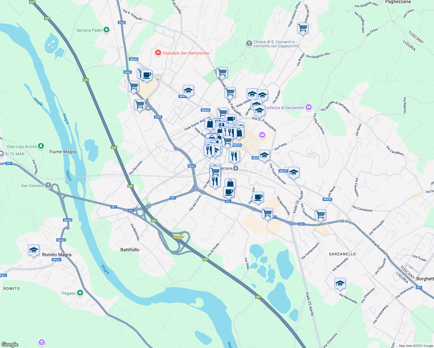 map of restaurants, bars, coffee shops, grocery stores, and more near Via Murello in Sarzana