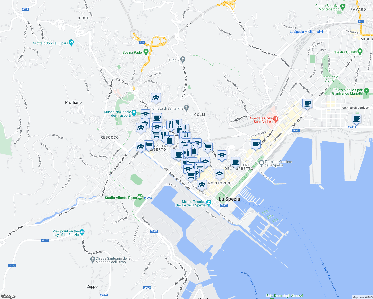 map of restaurants, bars, coffee shops, grocery stores, and more near Piazza Giuseppe Garibaldi in La Spezia