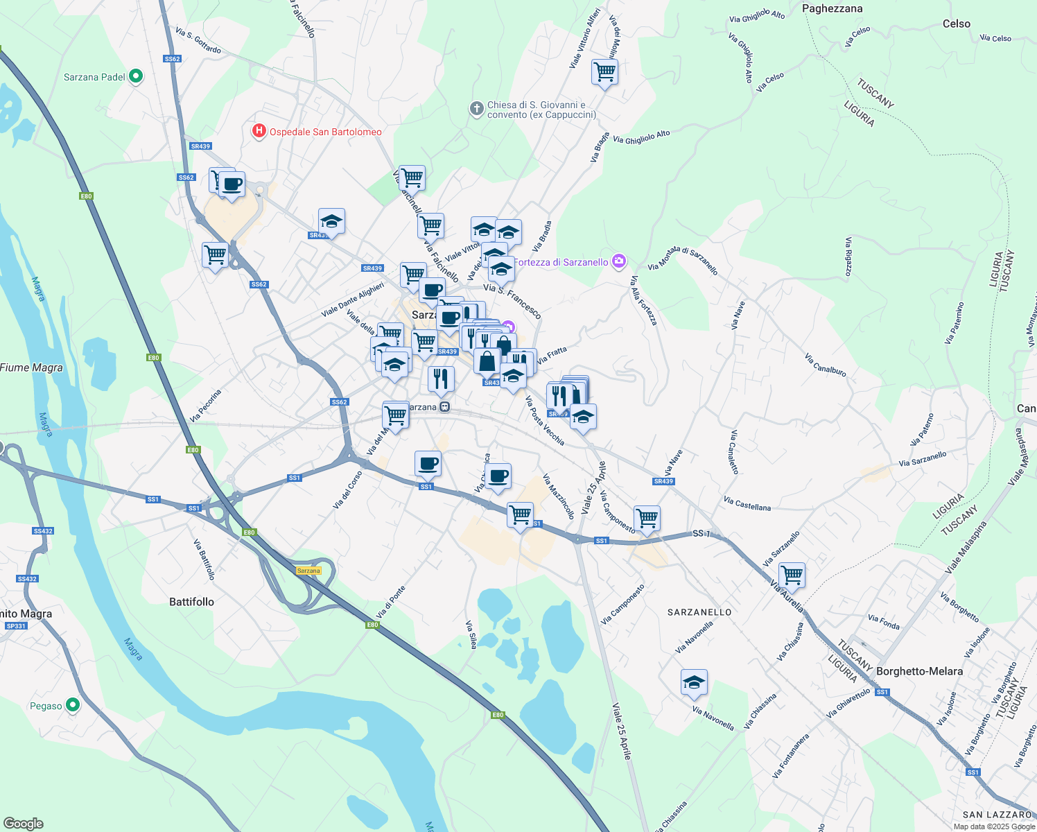 map of restaurants, bars, coffee shops, grocery stores, and more near 15 Via San Bartolomeo in Sarzana