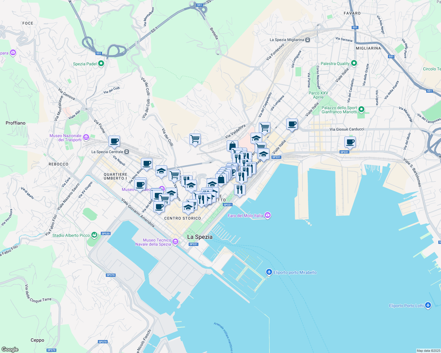 map of restaurants, bars, coffee shops, grocery stores, and more near 47 Via dei Colli in La Spezia