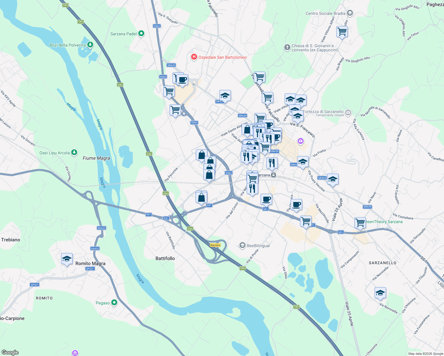 map of restaurants, bars, coffee shops, grocery stores, and more near 841 Via Brigata Partigiana Ugo Muccini in Sarzana