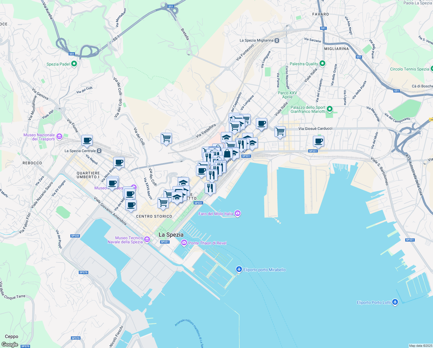 map of restaurants, bars, coffee shops, grocery stores, and more near 35 Via XXIV Maggio in La Spezia