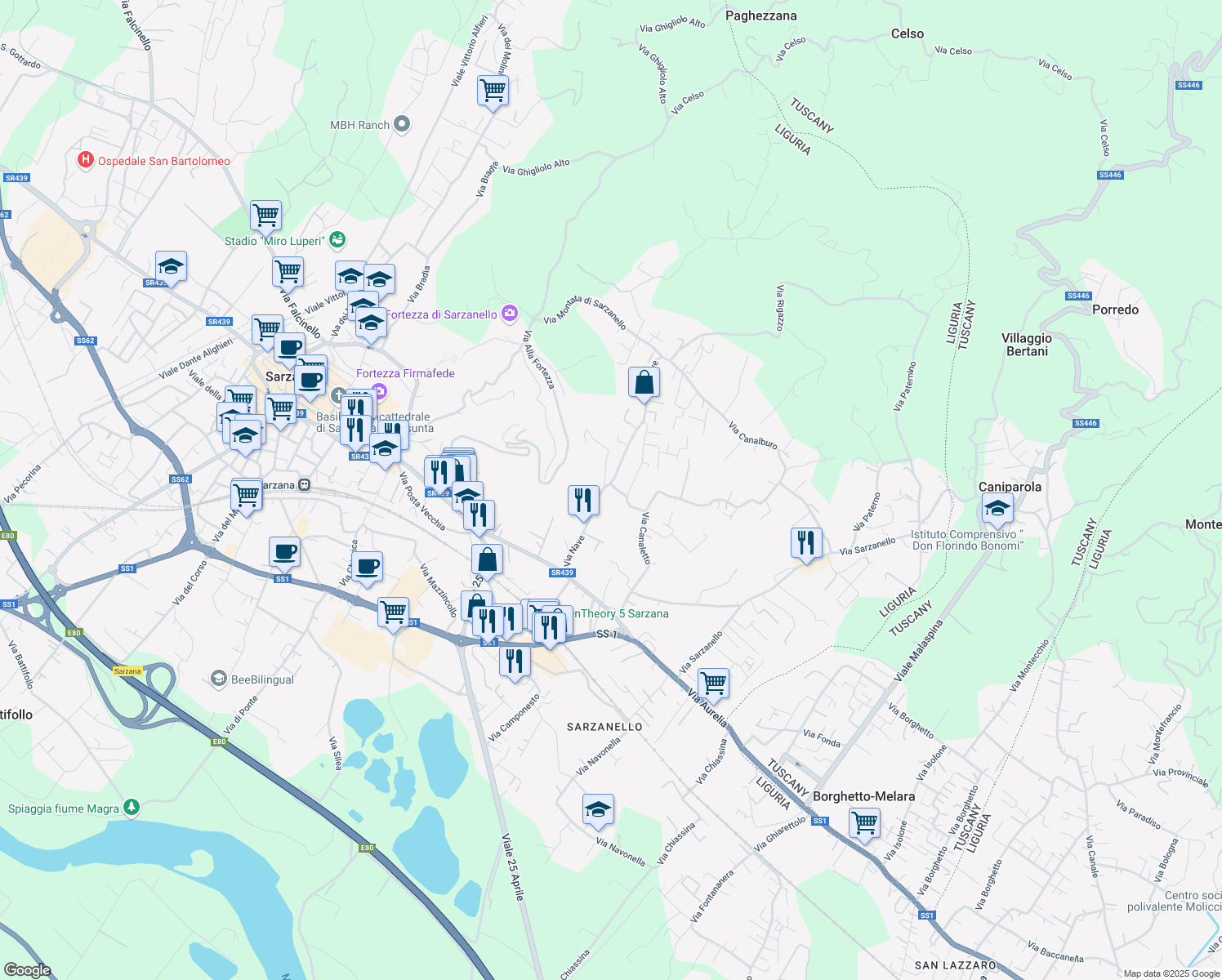 map of restaurants, bars, coffee shops, grocery stores, and more near 16 Via Nave in Sarzana