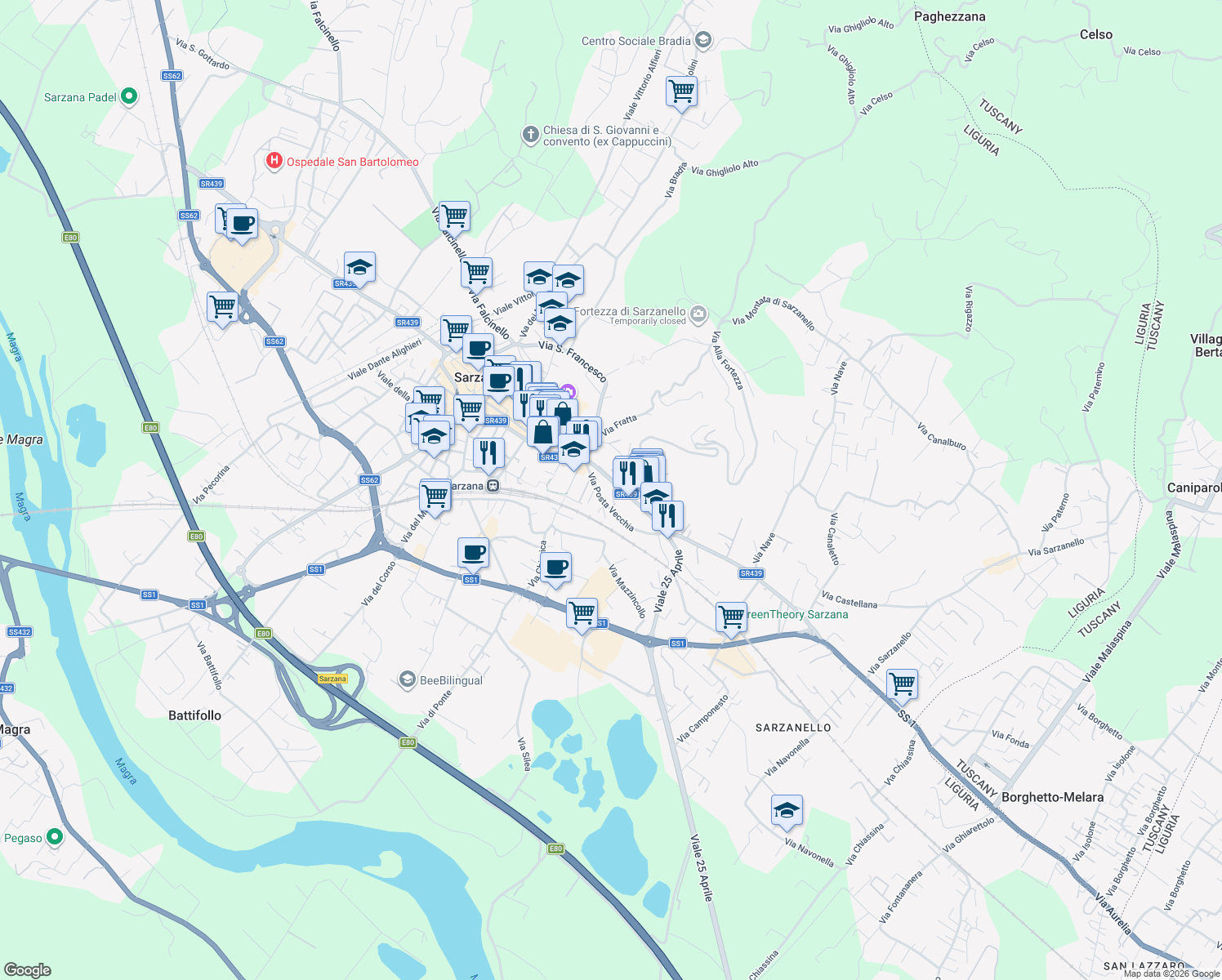 map of restaurants, bars, coffee shops, grocery stores, and more near 10 Via Posta Vecchia in Sarzana