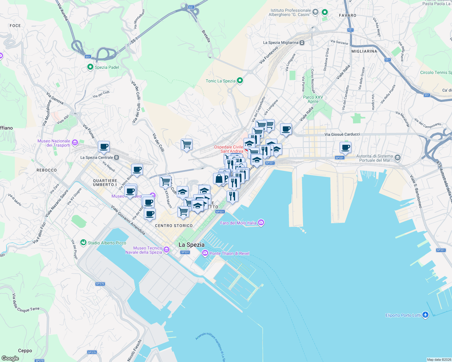map of restaurants, bars, coffee shops, grocery stores, and more near 56 Via Vittorio Veneto in La Spezia