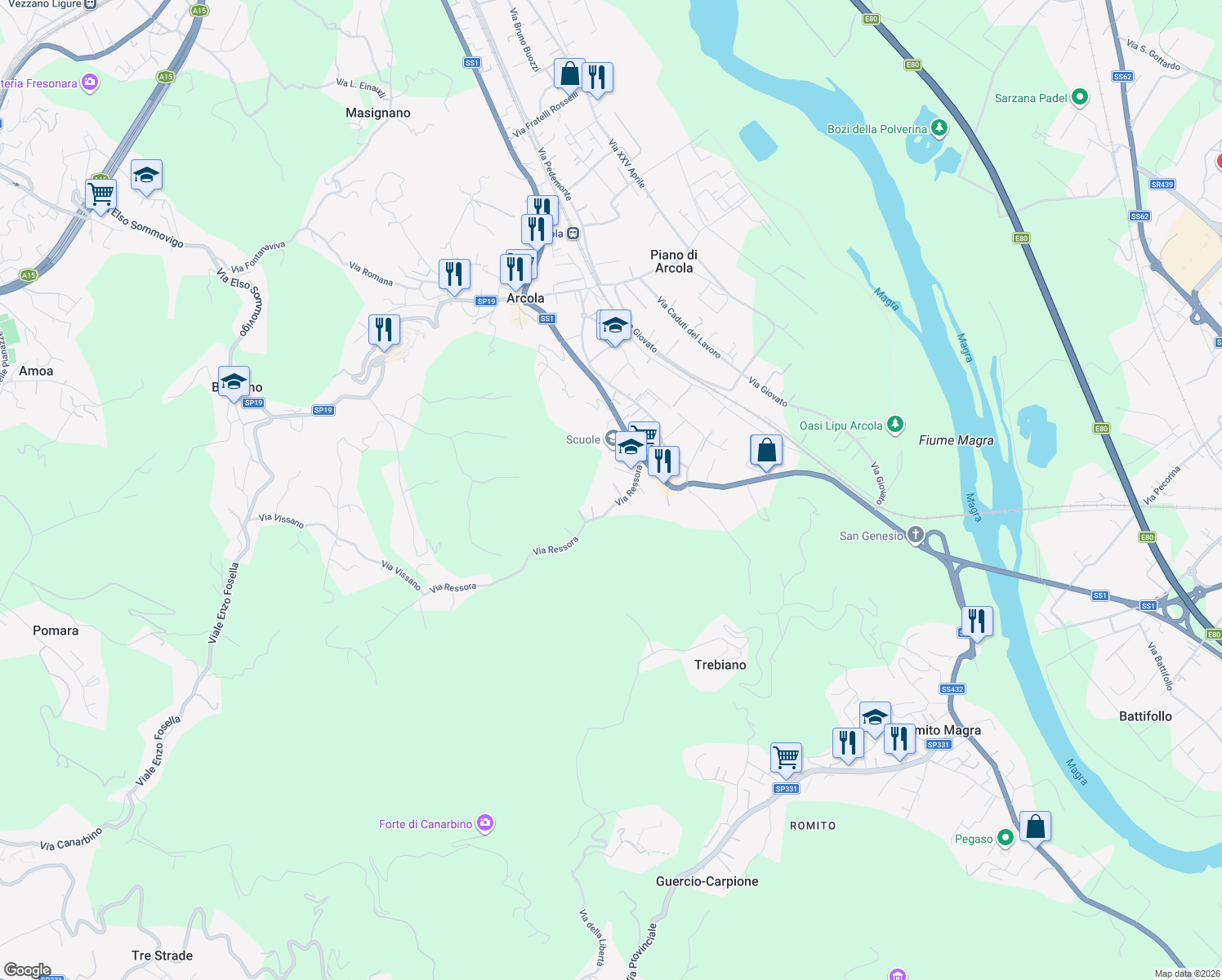 map of restaurants, bars, coffee shops, grocery stores, and more near 72 Via Ressora in Arcola