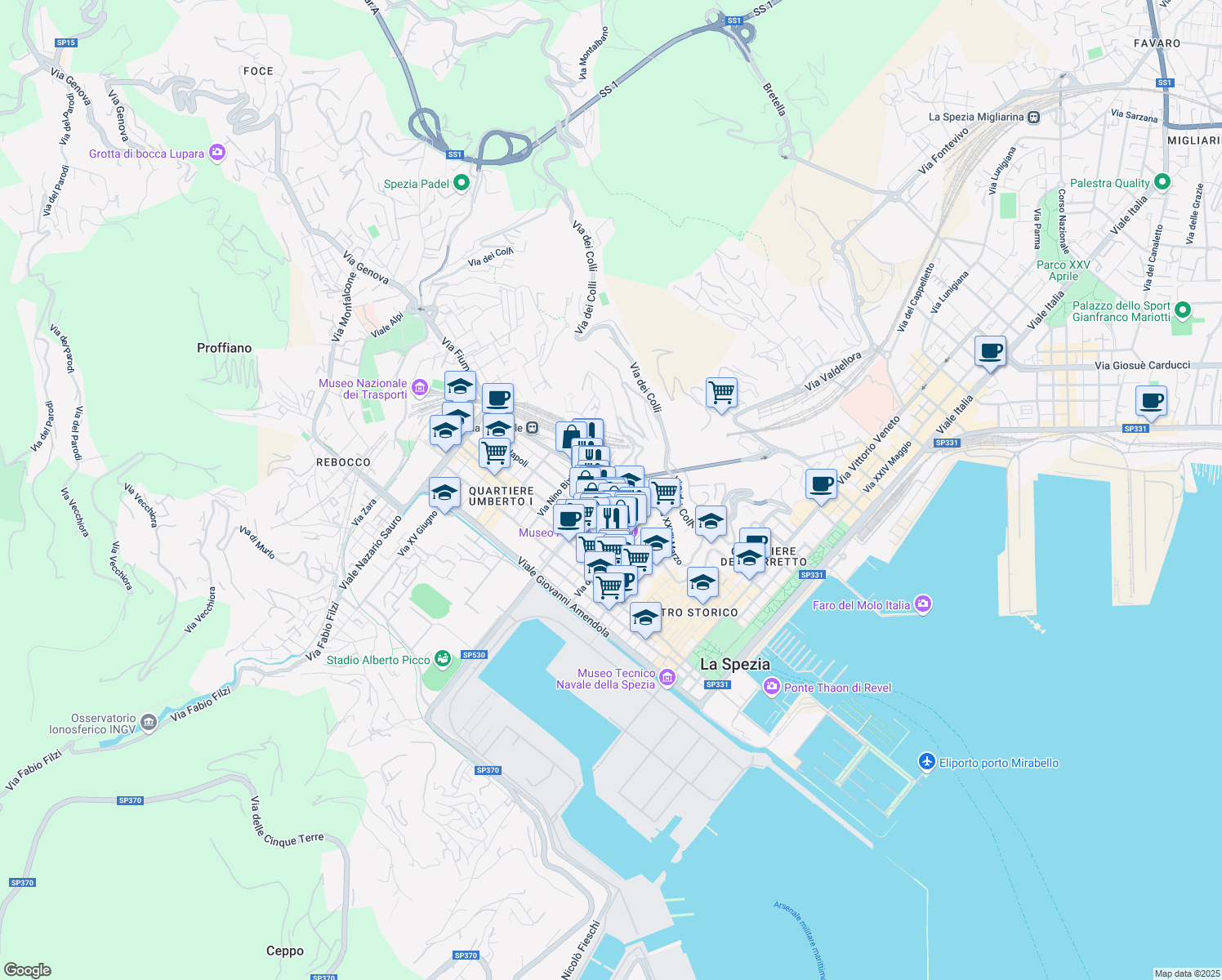 map of restaurants, bars, coffee shops, grocery stores, and more near Piazza Giuseppe Garibaldi in La Spezia
