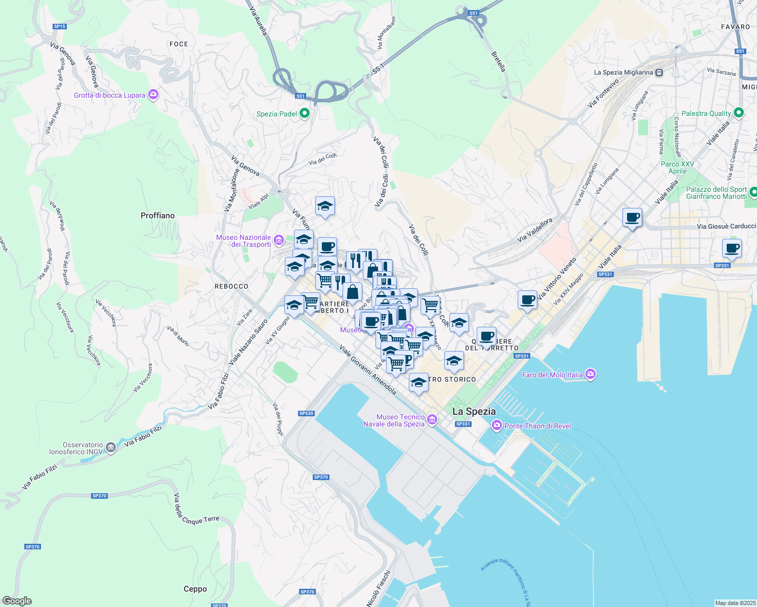 map of restaurants, bars, coffee shops, grocery stores, and more near 28 Via Torino in La Spezia