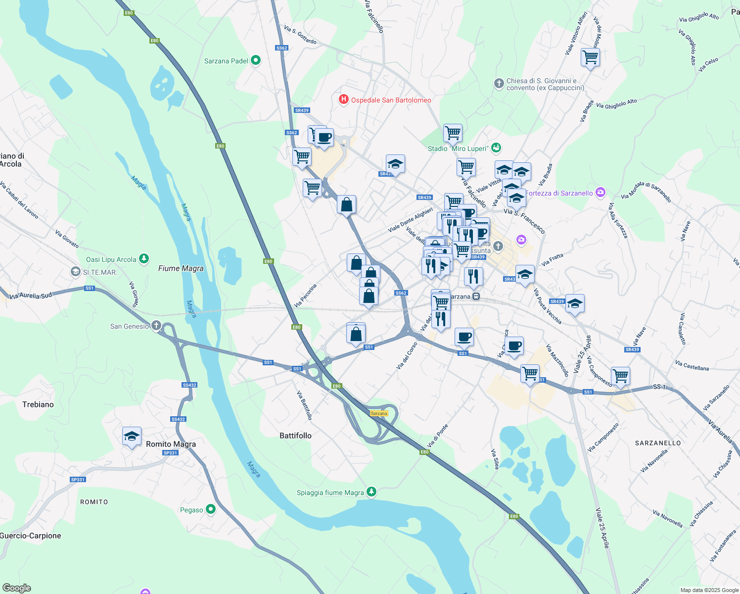 map of restaurants, bars, coffee shops, grocery stores, and more near 30 Via Ronzano in Sarzana