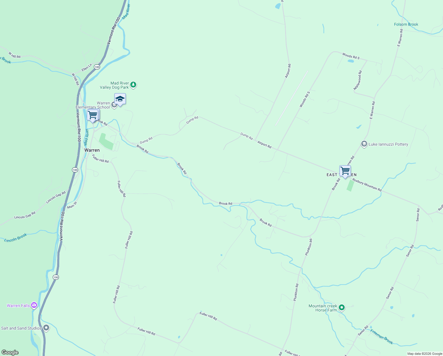map of restaurants, bars, coffee shops, grocery stores, and more near 1061 Brook Road in Waitsfield