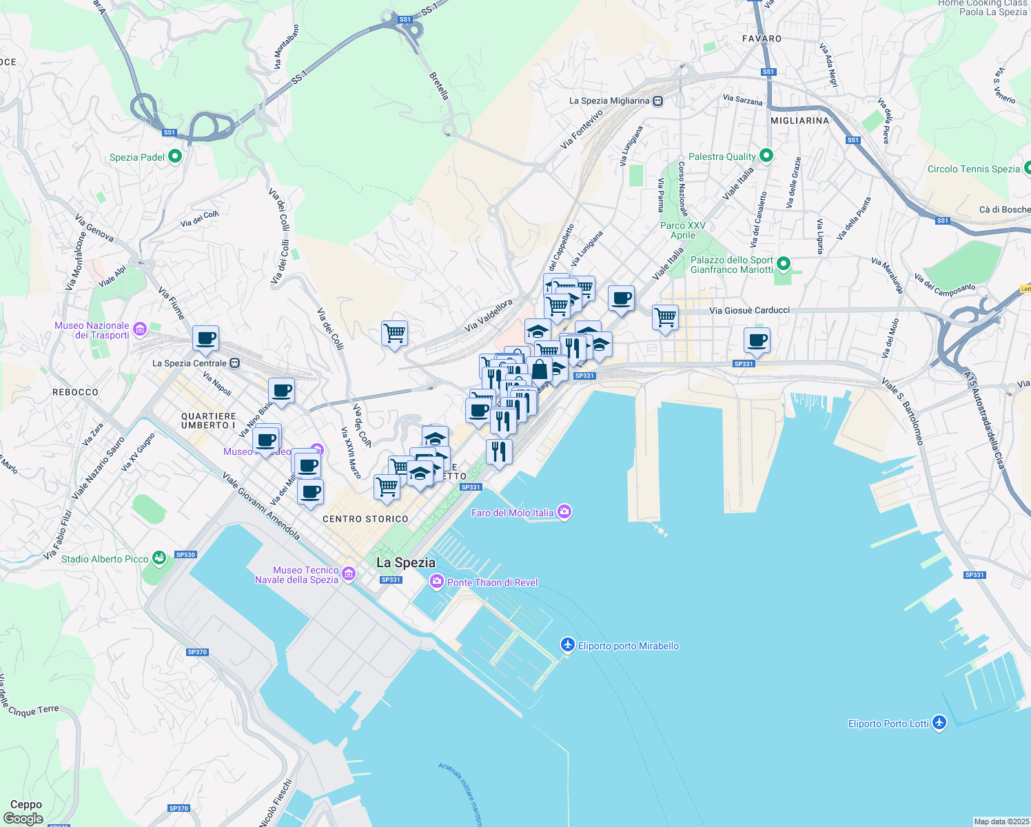 map of restaurants, bars, coffee shops, grocery stores, and more near 35 Via XXIV Maggio in La Spezia