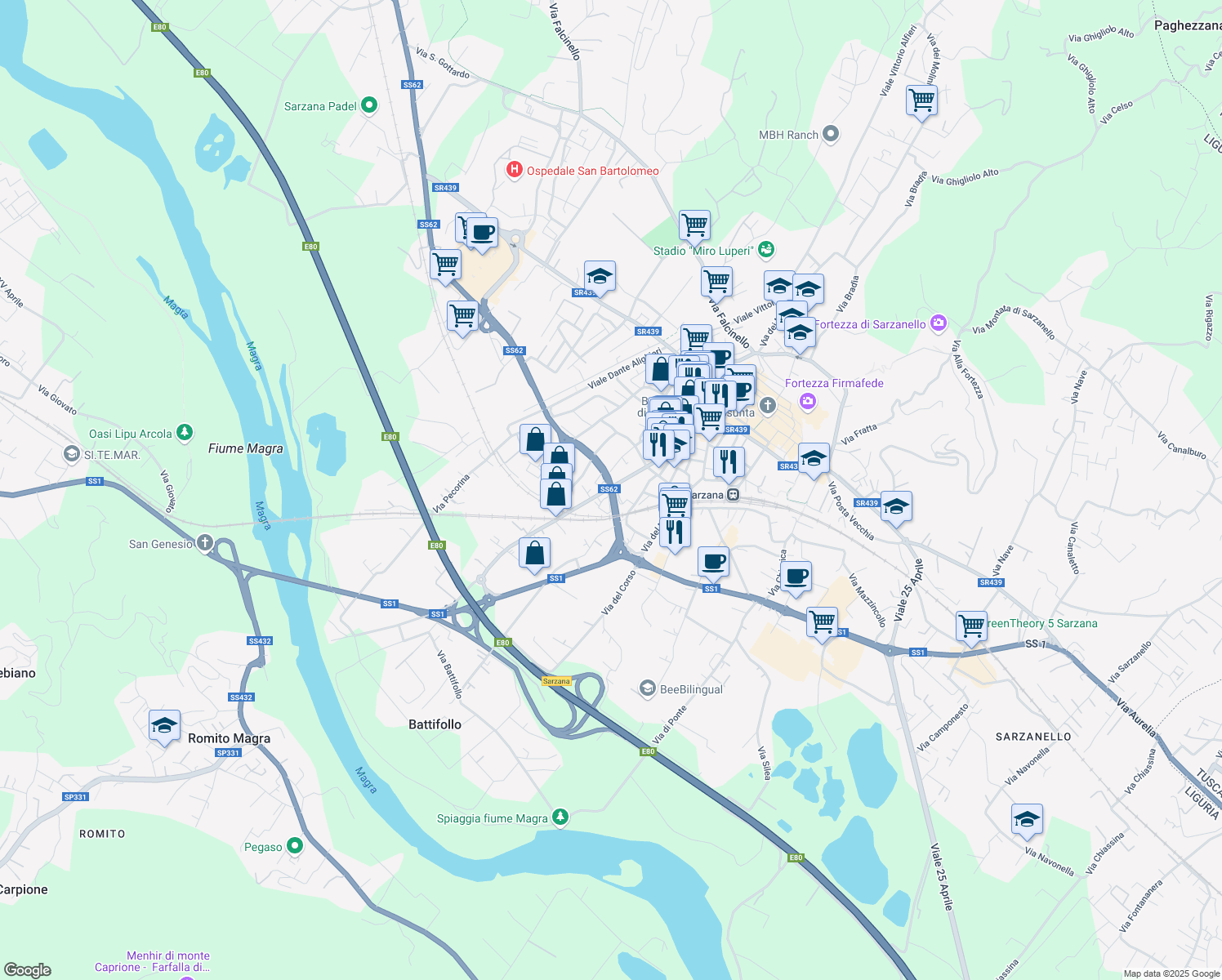 map of restaurants, bars, coffee shops, grocery stores, and more near Strada Statale 62 della Cisa in Sarzana