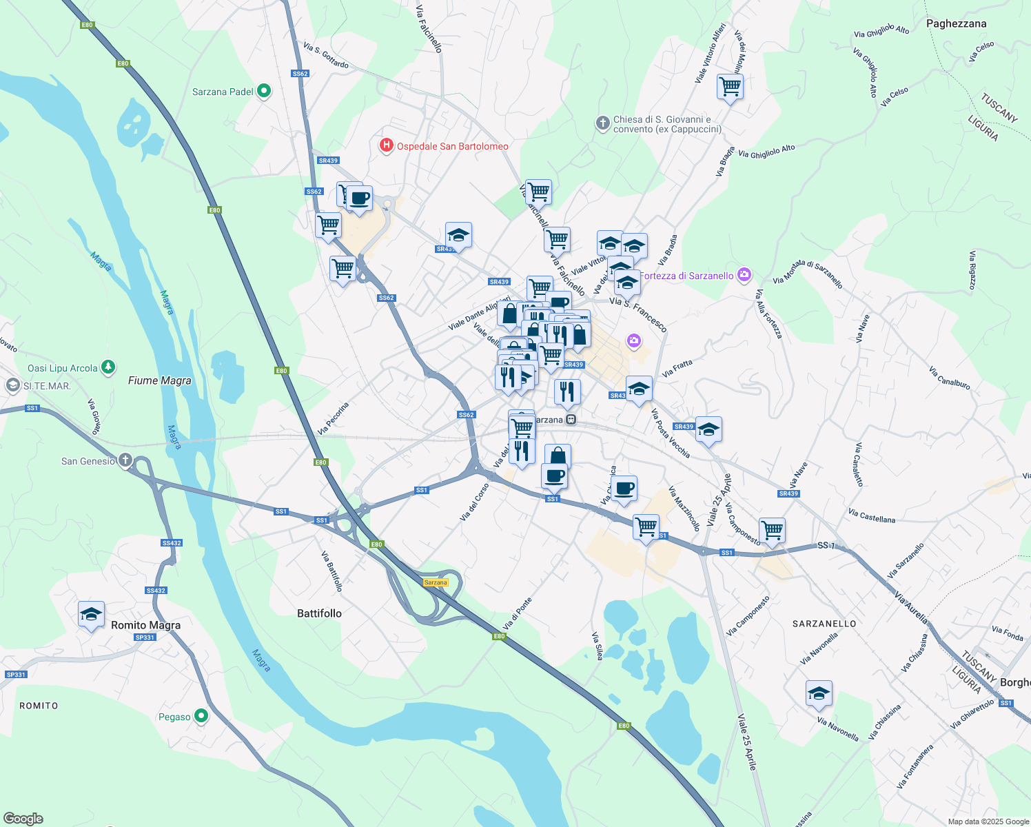 map of restaurants, bars, coffee shops, grocery stores, and more near Via Murello in Sarzana
