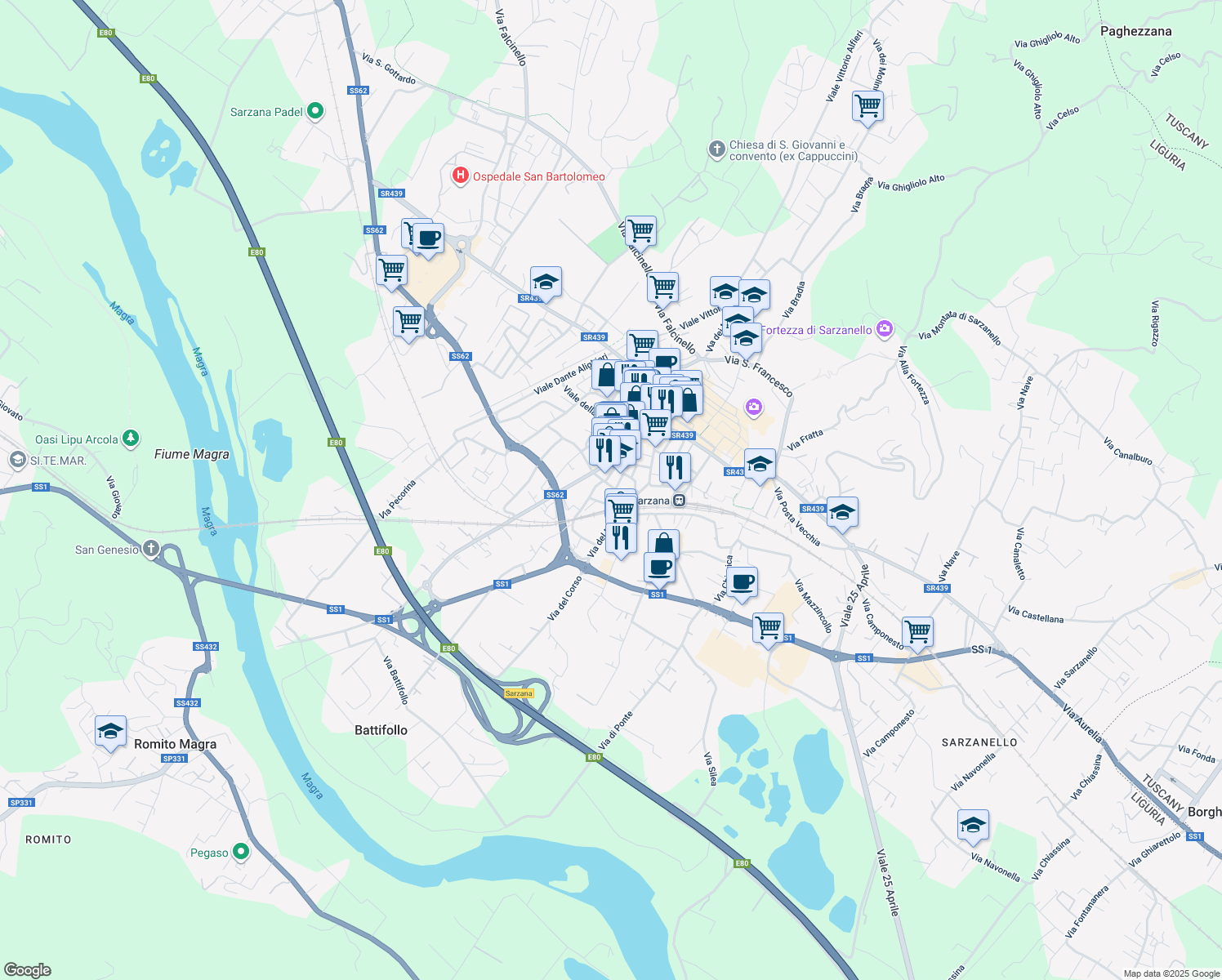 map of restaurants, bars, coffee shops, grocery stores, and more near Via Murello in Sarzana