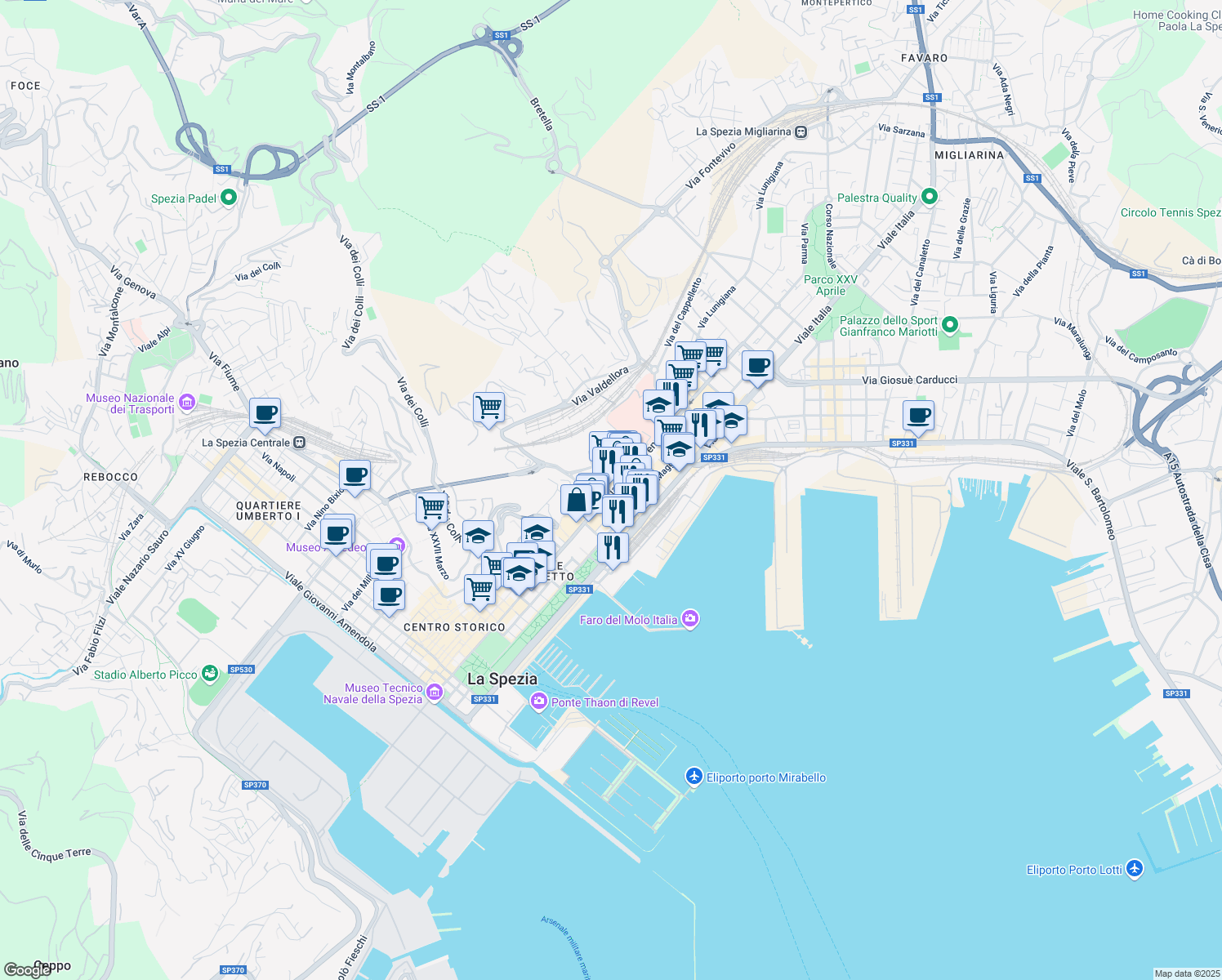 map of restaurants, bars, coffee shops, grocery stores, and more near 56 Via Vittorio Veneto in La Spezia